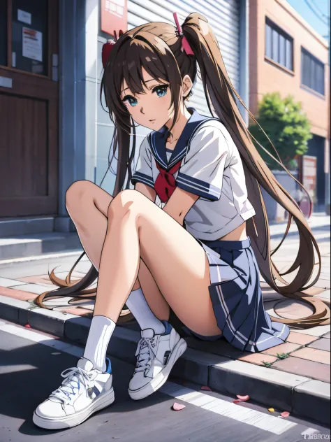 Anime girl with long hair and white shoes sitting on the steps, Beautiful anime high school girl, smooth anime cg art, Cute Anim...