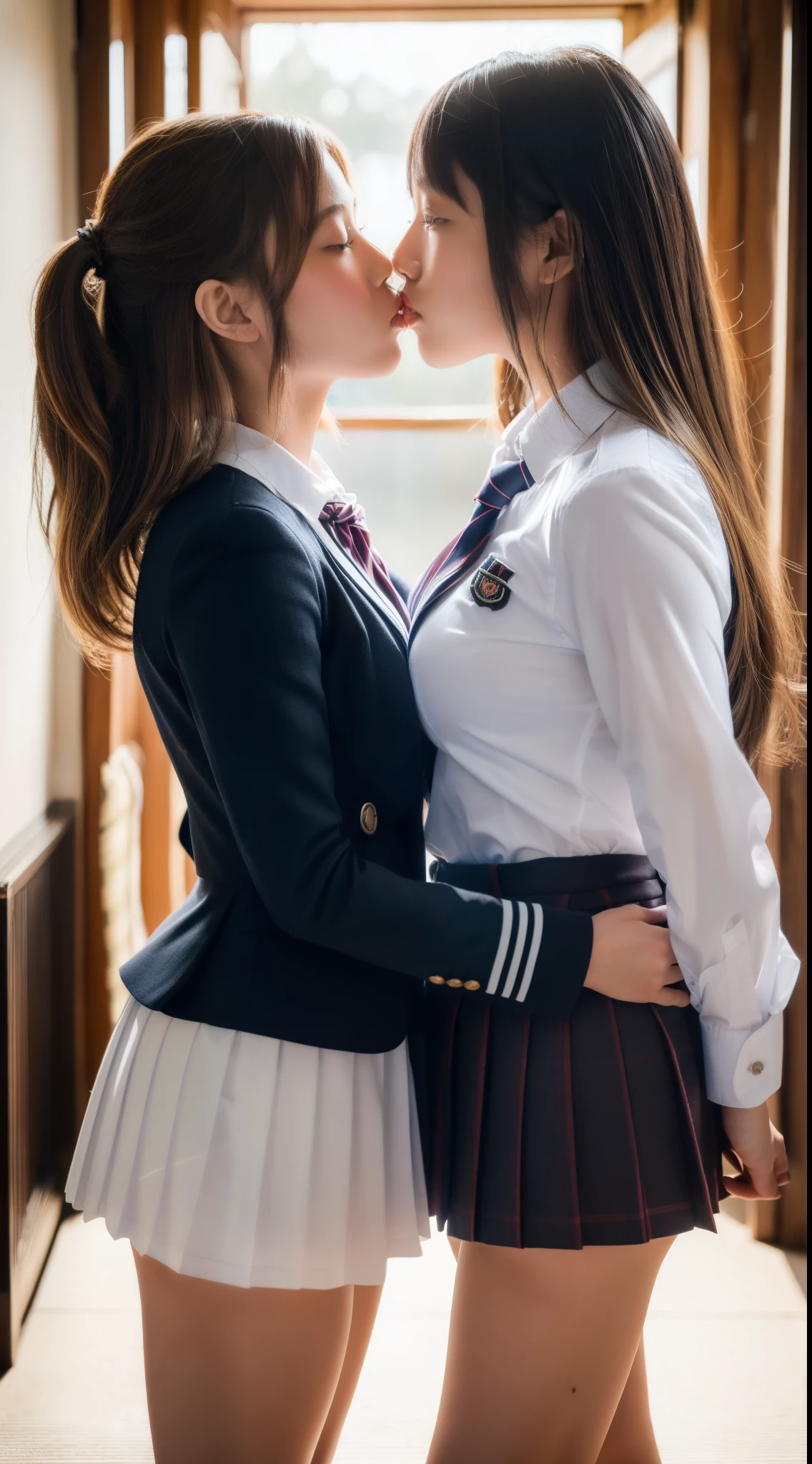 Two young women in uniform kissing each other in a hallway - SeaArt AI