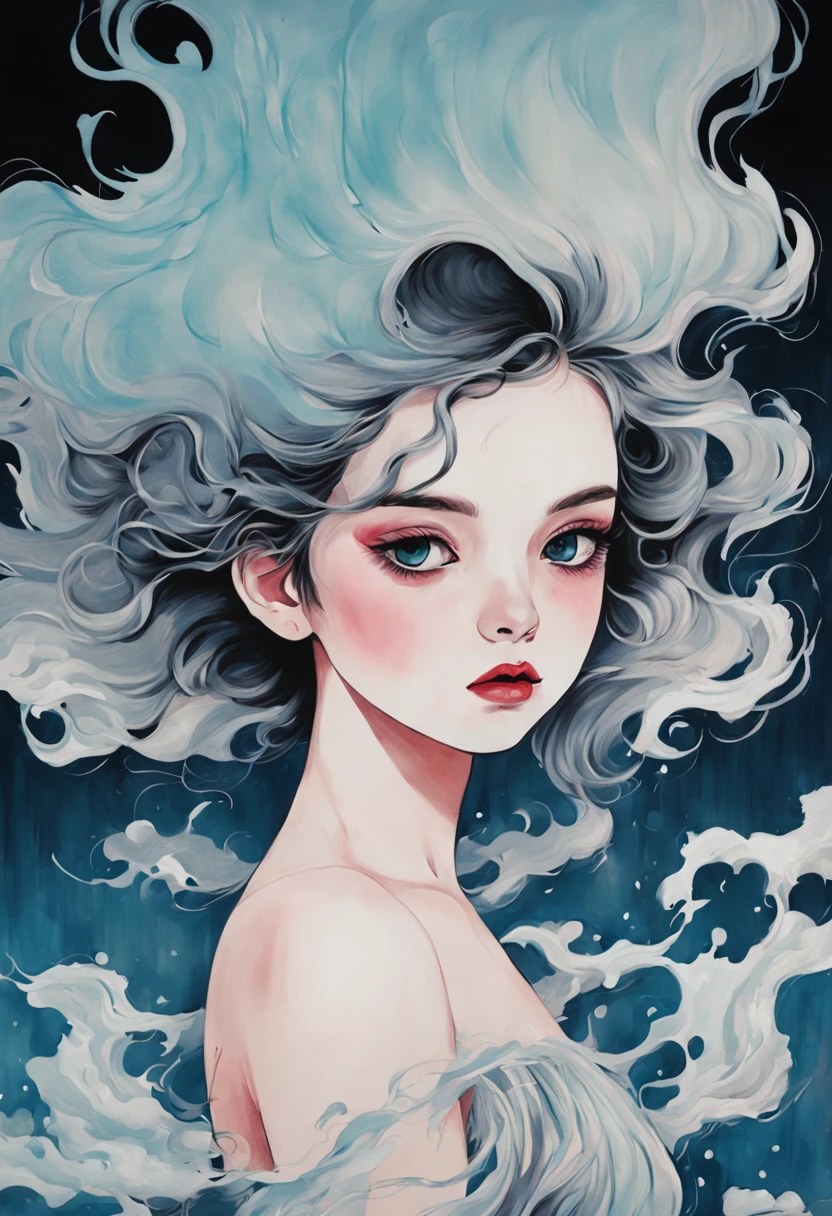 technique du clair-obscur sur l&#39;illustration d&#39;une fille élégante,  cheveux humide, ancien, sinistre, Peinture mate, par Hannah Dale, par Harumi Hironaka, couleurs extrêmement douces, vibrant, très détaillé, illustrations numériques , Contraste élevé, Spectaculaire, raffiné, tonal, expression du visage