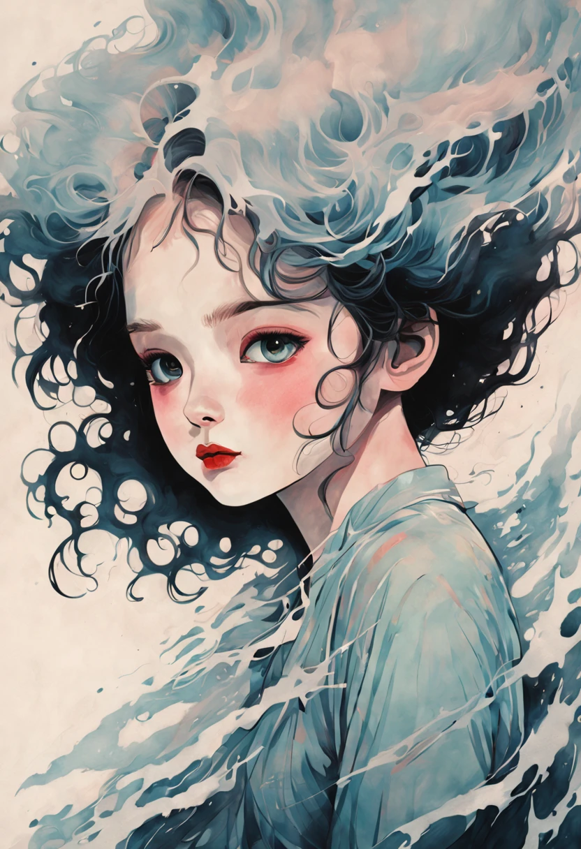 technique du clair-obscur sur l&#39;illustration d&#39;une fille élégante,  cheveux humide, ancien, sinistre, Peinture mate, par Hannah Dale, par Harumi Hironaka, couleurs extrêmement douces, vibrant, très détaillé, illustrations numériques , Contraste élevé, Spectaculaire, raffiné, tonal, expression du visage