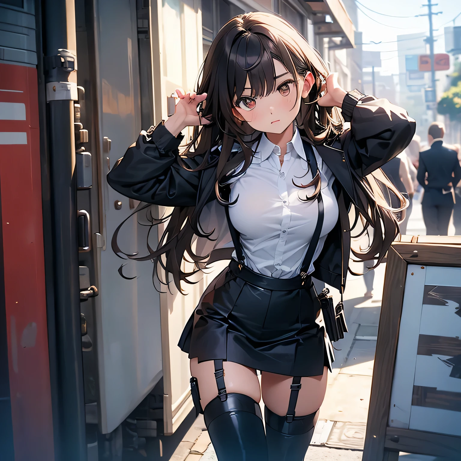 Brown hair、watching at viewers　　　black suspenders　　　bulging big tits　　 　 　　　walls: 　Black miniskirt　garters　　　　　　Gaze　　　a small face　bangss 　　　holster　　　Beautuful Women　　Hands up　　レッグholster ベッドに横たわる　　Gaze 　black boots panty shot　Provocation　flank　flank汗　Soio 　black suits　　Black jacket　Black pants　White cutter shirt