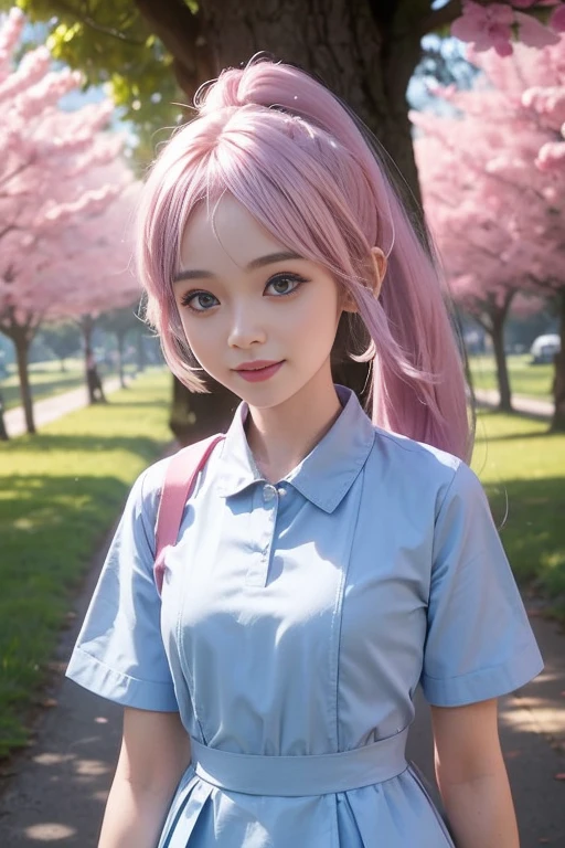 Best quality，tmasterpiece，Extremely Delicately Beautiful，The content is very detailed，CG，gatherings，8k wallpaper，An Astonishing，depth of fields，1 little Asian girl，cherry tree，tree lined path，7 year old ，Very cute look，Innocent，delicate skin，White hair，high ponytails，There are two strands of hair on both sides of the ears，And wearing pink hair accessories，light blue  eyes，laughing very happily，Wear a ，white short sleeve，dark blue short dress