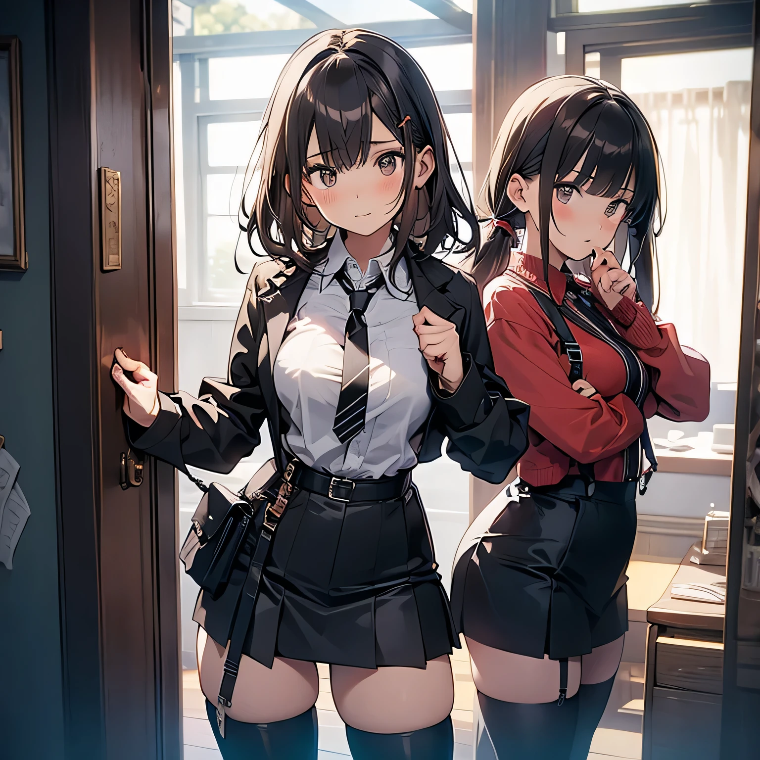 Anime characters in uniform standing in front of a door - SeaArt AI