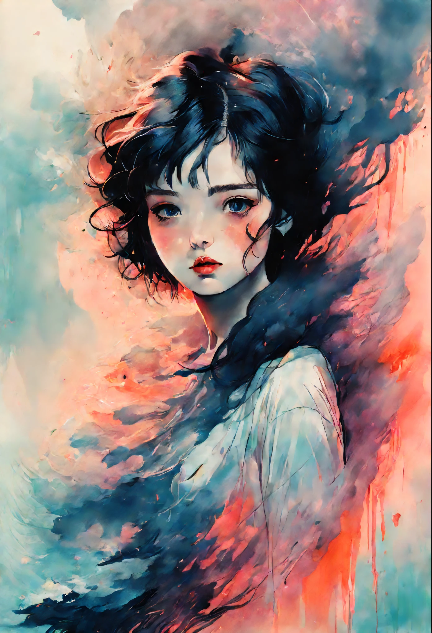 chiaroscuro technique on  illustration of an elegant girl, loli wet hair, vintage, eerie, matte painting, by Hannah Dale, by Harumi Hironaka, extremely soft colors, vibrant, highly detailed, digital illustrations , high contrast, dramatic, refined, tonal, facial expression