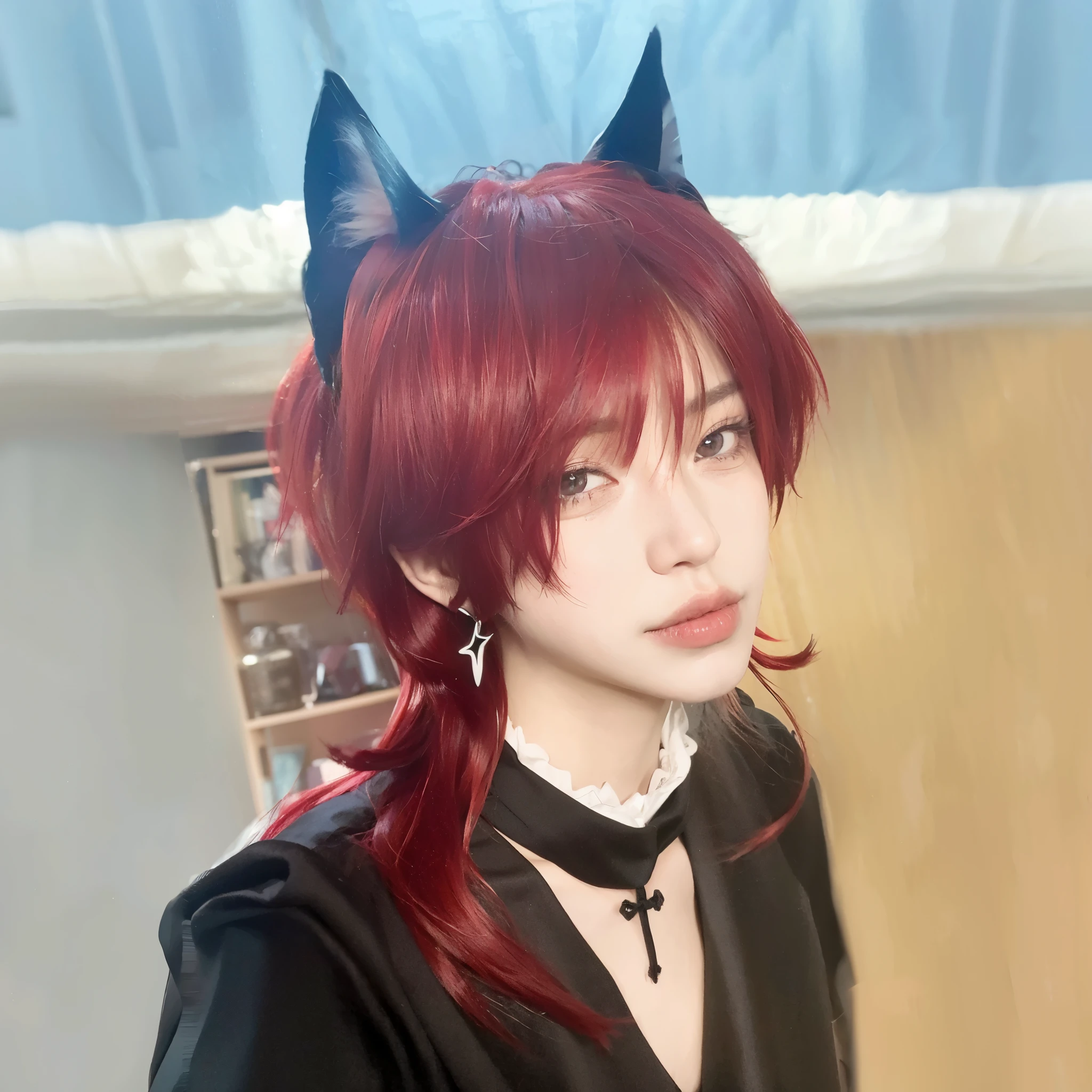 There is a woman with red hair wearing a black shirt and cat ears - SeaArt  AI