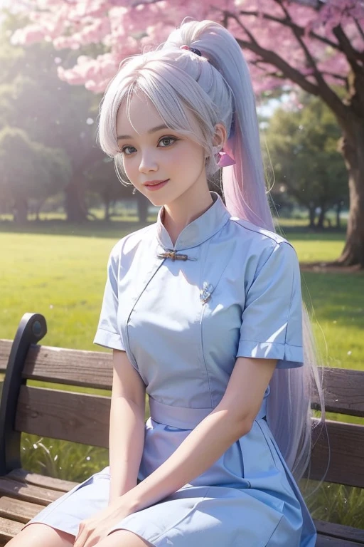 Best quality，tmasterpiece，Extremely Delicately Beautiful，The content is very detailed，CG，gatherings，8k wallpaper，An Astonishing，depth of fields，1 little Chinese girl，Cherry blossom forest，tree lined path，7-year-old Chinese  sitting on a bench，Very cute look，Innocent，delicate skin，Flawless Face，plain face，White hair，mid - length hair，high ponytails，There are two strands of white hair on both sides of the ears，Pink hairbands on both sides of hair，light blue  eyes，Elaborate Eyes，laughing very happily，Wear a ，white short sleeve，dark blue short dress