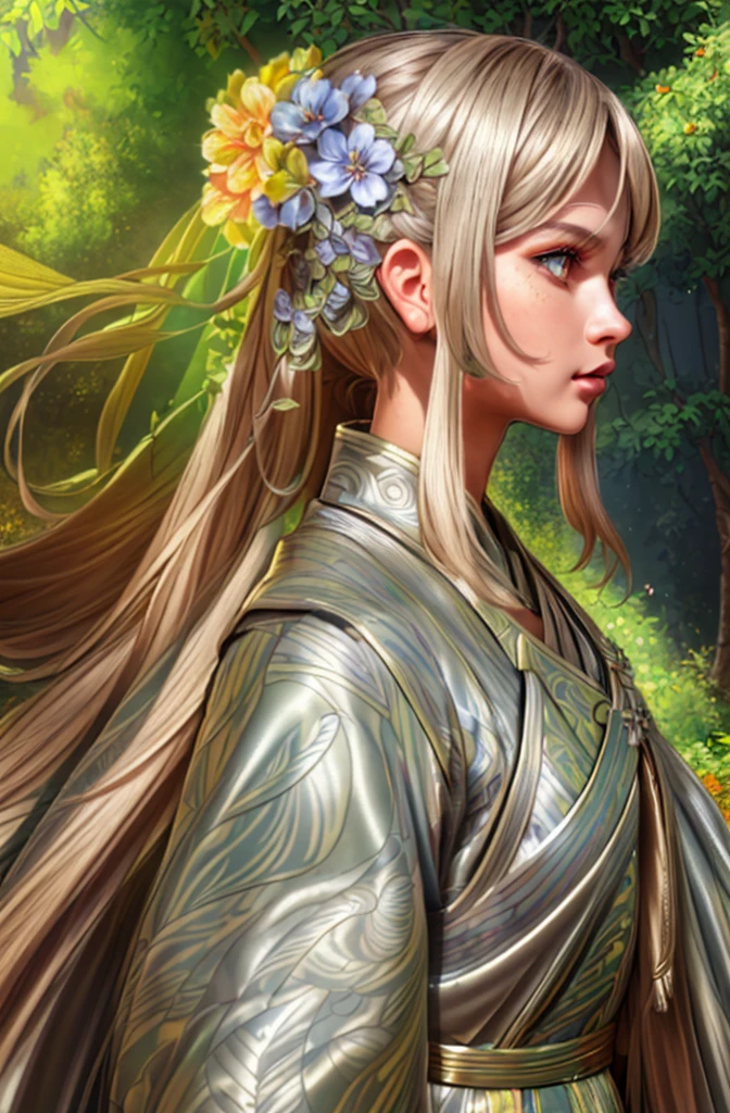 A girl with metallic skin and a detailed complexion, vibrant iridescent eyes, glossy silver lips, and long eyelashes. She stands in a colorful garden, surrounded by lush flowers and vibrant plants. The sunlight filters through the leaves, creating a soft, ethereal glow. The girl's metallic skin glimmers in the sunlight, reflecting the vibrant colors of the garden. Her hair cascades down in waves, adorned with delicate flowers and intricate metal accessories. She wears a flowing gown made of shimmering fabrics, with intricate patterns and metallic accents. The garden is filled with an array of vibrant colors, from bold reds to soothing blues and vibrant greens. The scene exudes a sense of enchantment and mystery, with a touch of futuristic elements. The overall image is of the highest quality, with ultra-detailed features and realistic textures. The lighting is soft, casting beautiful shadows and highlighting the girl's metallic skin. The artwork is a combination of digital rendering and traditional painting techniques, resulting in a visually stunning masterpiece. The color palette is vibrant and rich, with a mix of warm and cool tones, creating a harmonious and captivating image. The prompt showcases the incredible beauty and uniqueness of the girl with metallic skin, immersing the viewer in a visually striking and enchanting world.