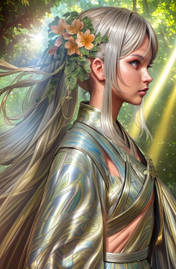 A girl with metallic skin and a detailed complexion, vibrant iridescent eyes, glossy silver lips, and long eyelashes. She stands in a colorful garden, surrounded by lush flowers and vibrant plants. The sunlight filters through the leaves, creating a soft, ethereal glow. The girl's metallic skin glimmers in the sunlight, reflecting the vibrant colors of the garden. Her hair cascades down in waves, adorned with delicate flowers and intricate metal accessories. She wears a flowing gown made of shimmering fabrics, with intricate patterns and metallic accents. The garden is filled with an array of vibrant colors, from bold reds to soothing blues and vibrant greens. The scene exudes a sense of enchantment and mystery, with a touch of futuristic elements. The overall image is of the highest quality, with ultra-detailed features and realistic textures. The lighting is soft, casting beautiful shadows and highlighting the girl's metallic skin. The artwork is a combination of digital rendering and traditional painting techniques, resulting in a visually stunning masterpiece. The color palette is vibrant and rich, with a mix of warm and cool tones, creating a harmonious and captivating image. The prompt showcases the incredible beauty and uniqueness of the girl with metallic skin, immersing the viewer in a visually striking and enchanting world.