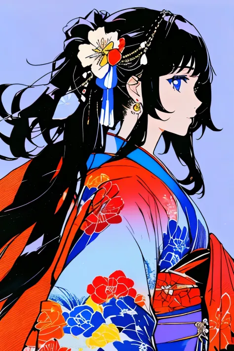 a drawing of a woman with long hair and a flower in her hair, beautiful line art, colorful painting, vivid coloring, colorful kimono, colorful ornaments,