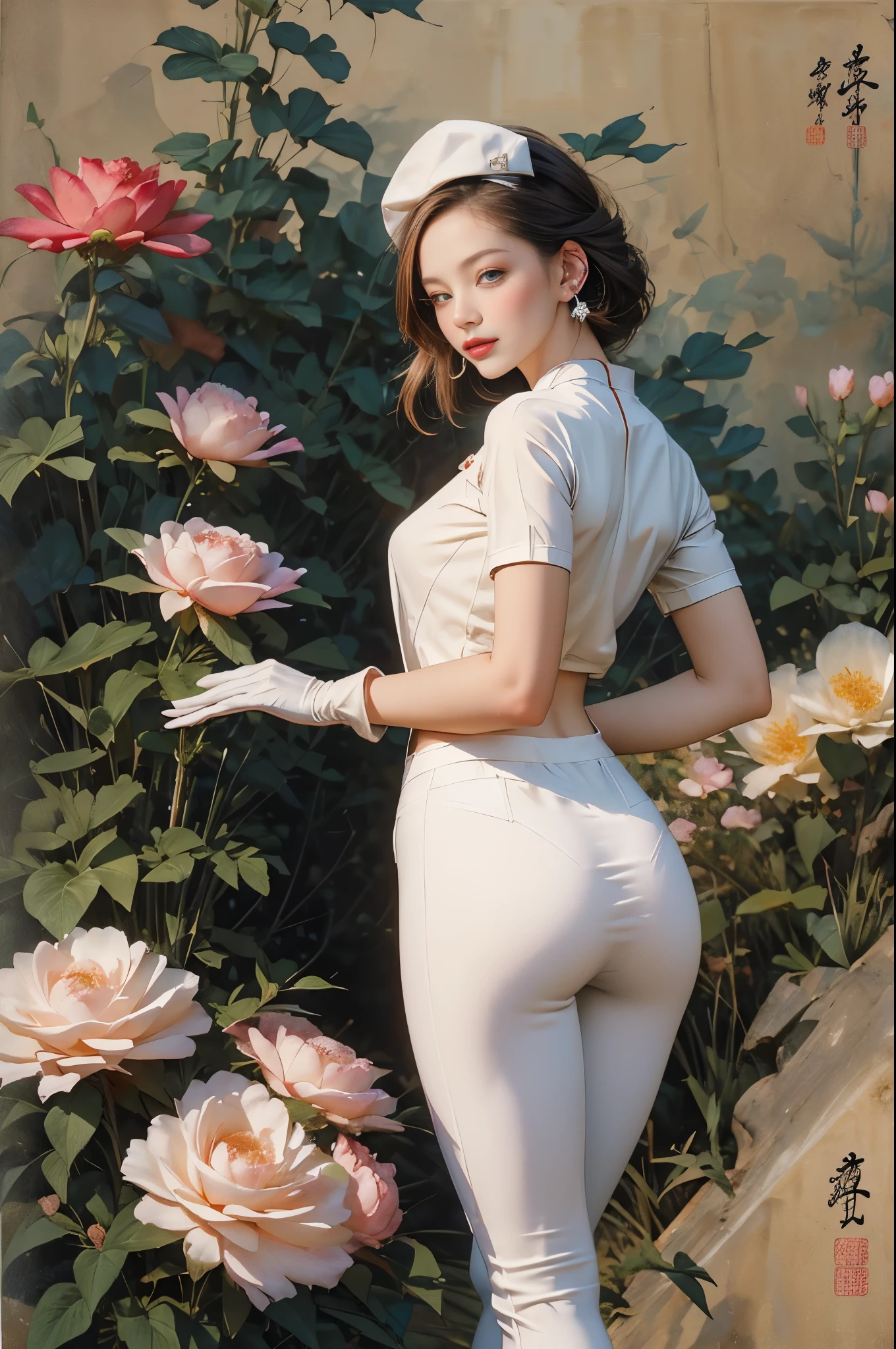 （tmasterpiece，quality，Best quality，offcial art，Beauty and aesthetics：1.2）， 1 Lady, nurses, tightsuit, nurses Cap, White sanitary ware, ((white leggings underneath, absolute chance)), Tight gloves,Don't wear it， whitegloves, red hair clothing, eBlue eyes, Pink lipstick, ssmile, Eternal, Watch from behind, looking back over shoulder at viewer, Clear silhouette, short- sleeved, A mature woman, 35yo, best quality, tmasterpiece, infirmary, As shown in the image, middlebreast, Transcendent, Rain hits the face,  lewd poses, The are visible，Very meticulous，（s fractal art：1.1），（One color：1.1）（Blooming flowers：1.3），Most detailed，（ tangled:1.2), (Dynamic lewd poses), (abstract backgrounds:1.3), (Traditional Chinese fabrics:1.2), (Skin glows), (Lots of colors:1.4), ,(ear nipple ring:1.4)，（Decorative painting：1.6，）， lamplight,Ink painting and waterconk，water ink，