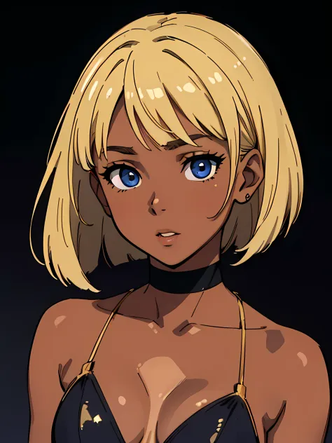 ((masutepiece)), ((Best Quality)), (ultra-detailliert), ((Extremely detailed)), 4K, (8K), 1girl in, Solo, Stunning cute dark-skinned girl, ultra-detailliert eyes, Ash blonde bob cut hair with bangs, golden bikini with face veil, solid black background