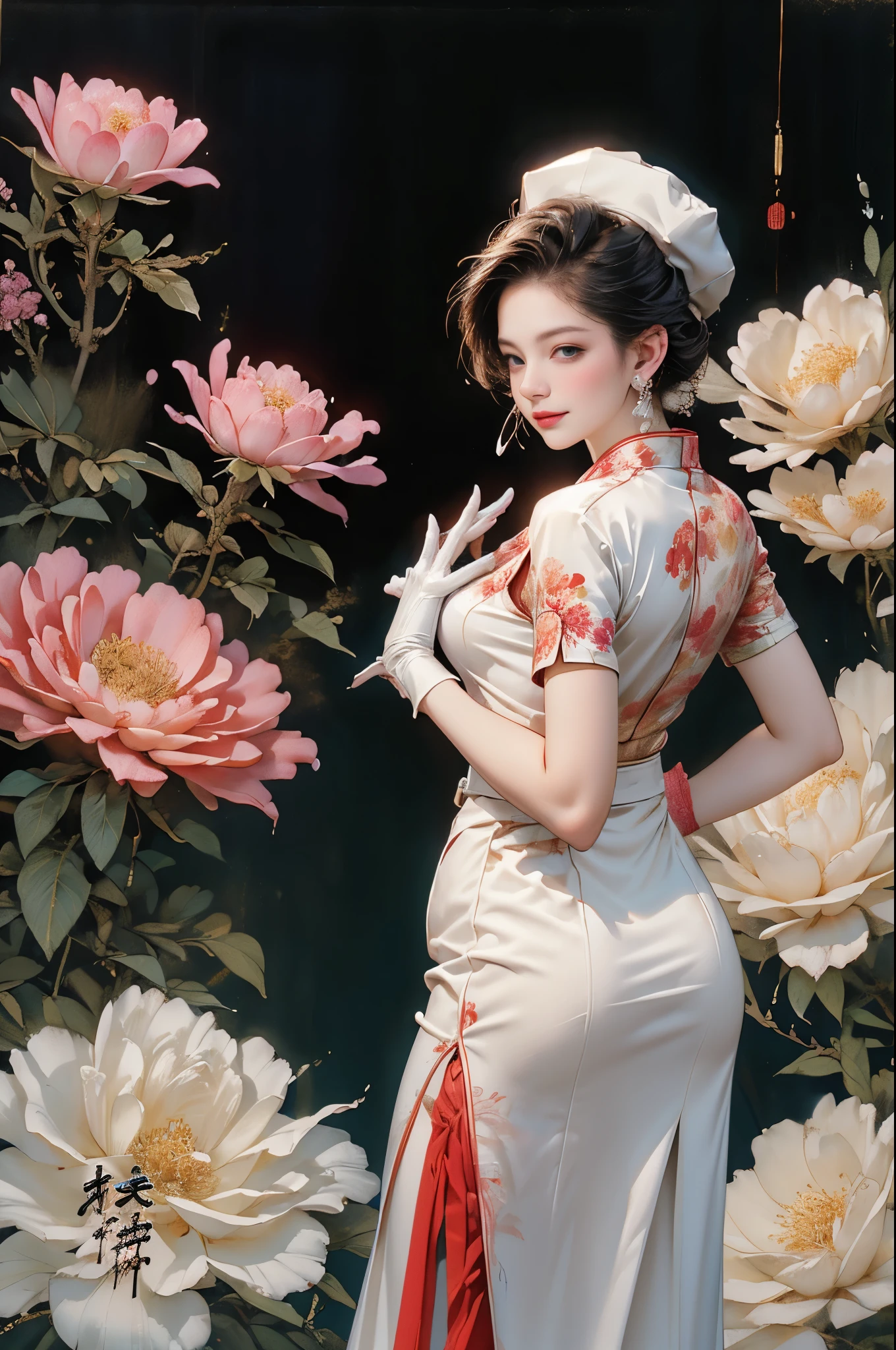 （tmasterpiece，quality，Best quality，offcial art，Beauty and aesthetics：1.2）， 1 Lady, nurses, tightsuit, nurses Cap, White sanitary ware, ((Below is the white one, absolute chance)), Tight gloves, whitegloves, ssmile, everlasting, Watch from behind, looking back over shoulder at viewer, Clear silhouette, short- sleeved, A mature woman, 35yo, middlebreast, Transcendent, lacivious pose, The are visible，Very meticulous，（s fractal art：1.1），（One color：1.1）（flowers in full bloom：1.3），Most detailed，（ tangled:1.2), (lacivious pose), (abstract backgrounds:1.3), (Traditional Chinese fabrics:1.2), (Skin glows), (Lots of colors:1.4), ,(ear nipple ring:1.4)，（Decorative painting：1.6，）， lamplight,Ink painting and waterconk，water ink，