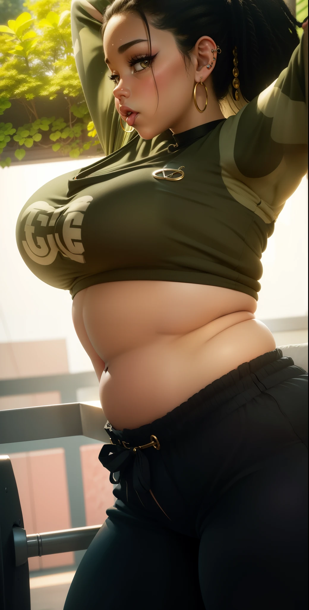 A close up of a woman in a green shirt and black pants - SeaArt AI