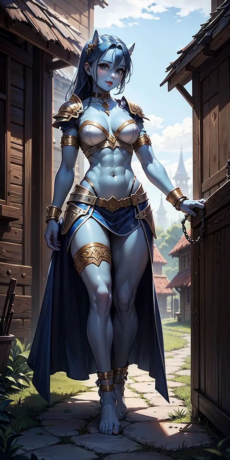 full body, female slave barefoot, Solo, female, (blue skin), fantasy village, muscular, armor, slave outfit, armor, slave, brace...