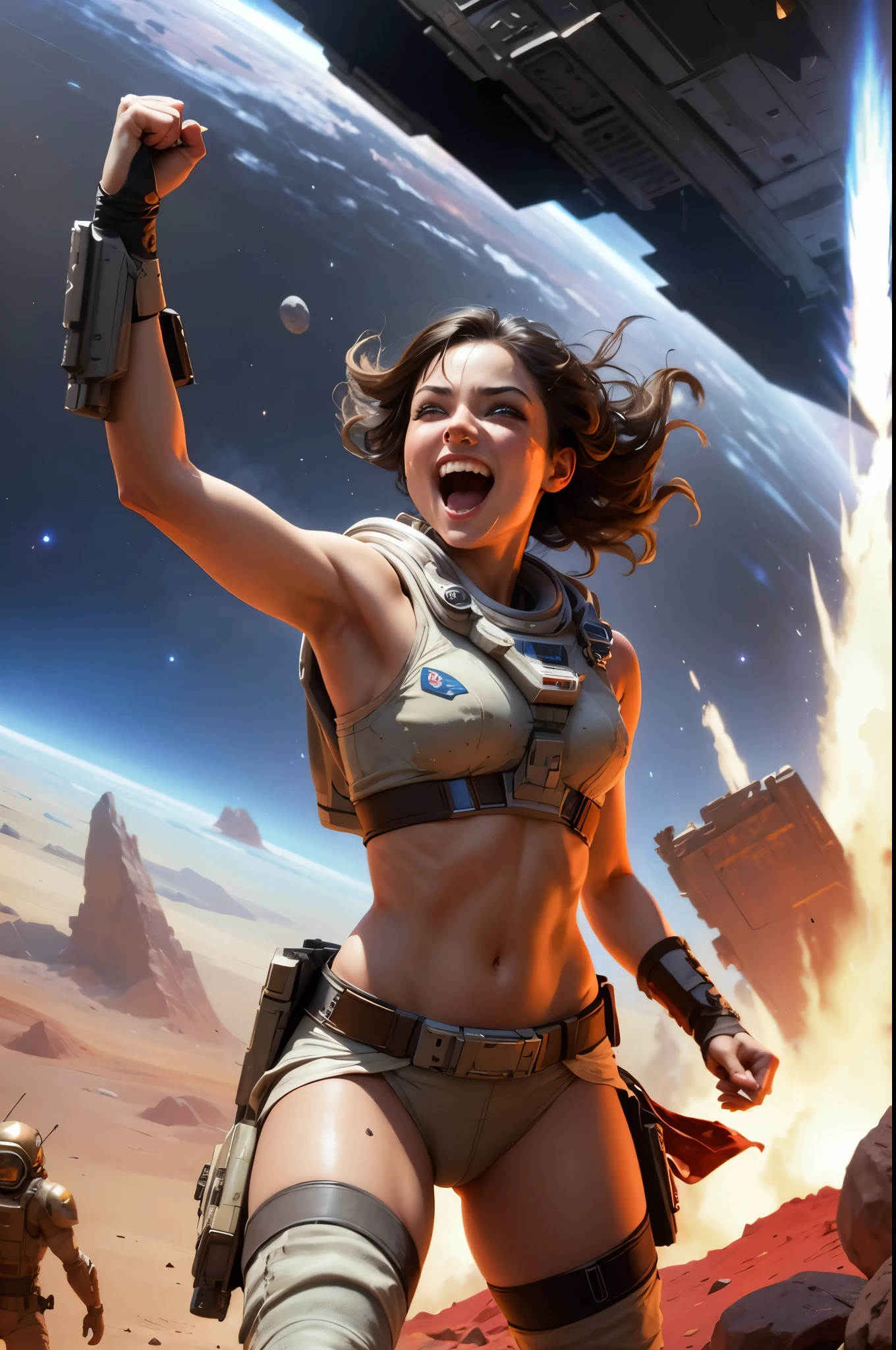 sanding arms raised high in victory looking happy elated cheering victory, space gal after the battle, cocky, finger off trigger of gun, ready to move, dirty grimy, overhead glow lighting, side light, resolution tight barbarian woman in space clothes, camouflage, hyperdetailed, abandoned room background setting on battlefield mars, Space Gal who do you think you are your inner-self your ego 34k resolution highly detailed, hyperrealism, oils painterly art style sexier, yes, on a trip to alien worlds, happy reveled expression mouth closed, eyes wide, science fiction, blood and black, detailed,
