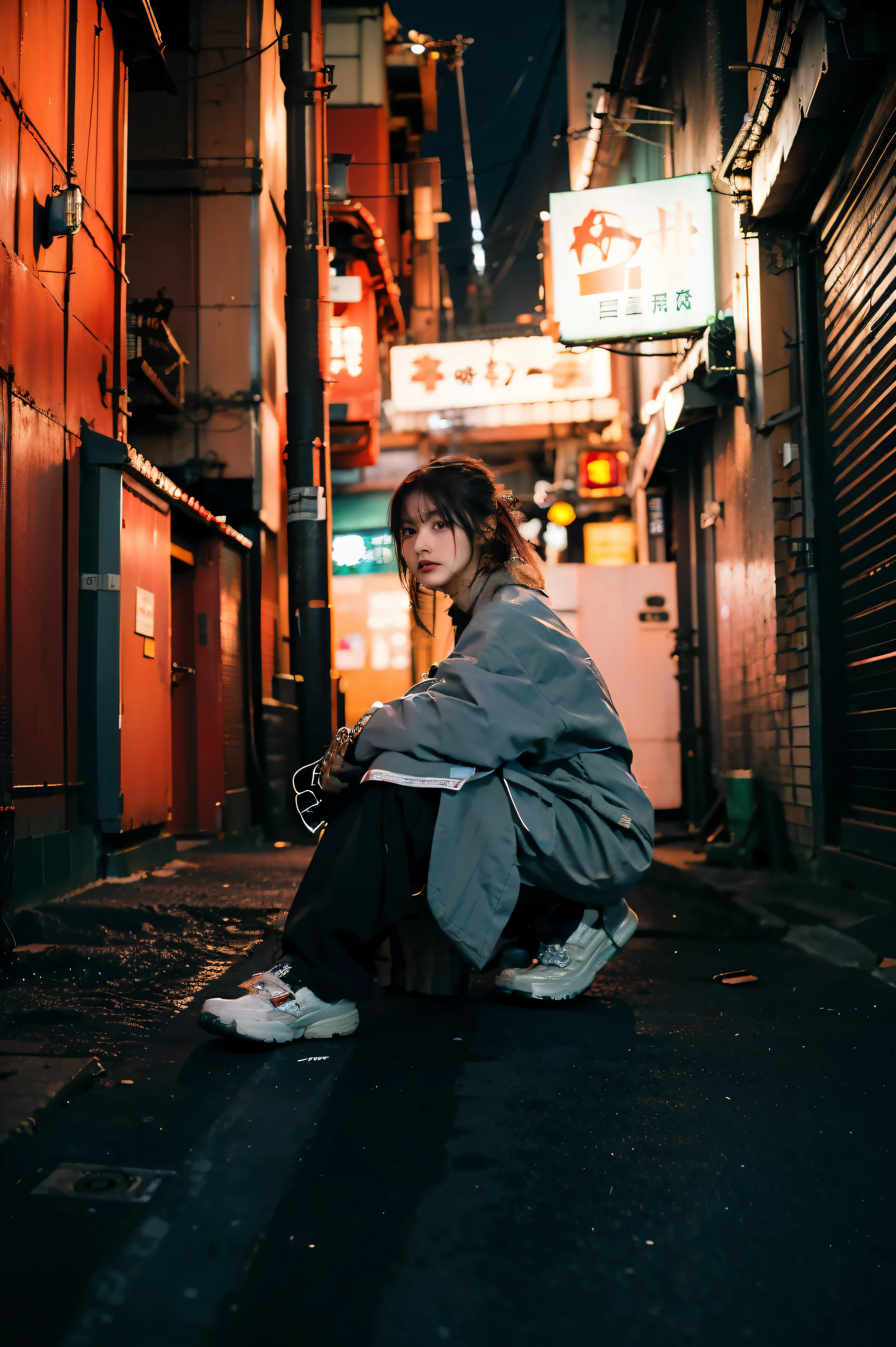 Alafi woman sitting on the ground in a dark alley, photography of a techwear woman, mid shot portrait, japanese streetwear, wearing japanese techwear, in neo tokyo, Japanese portrait , taken with canon eos 5 d mark iv, official artwork, woman in streetwear, chiho, Photo Shot, 『Cyberpunk Knight』On the rooftop