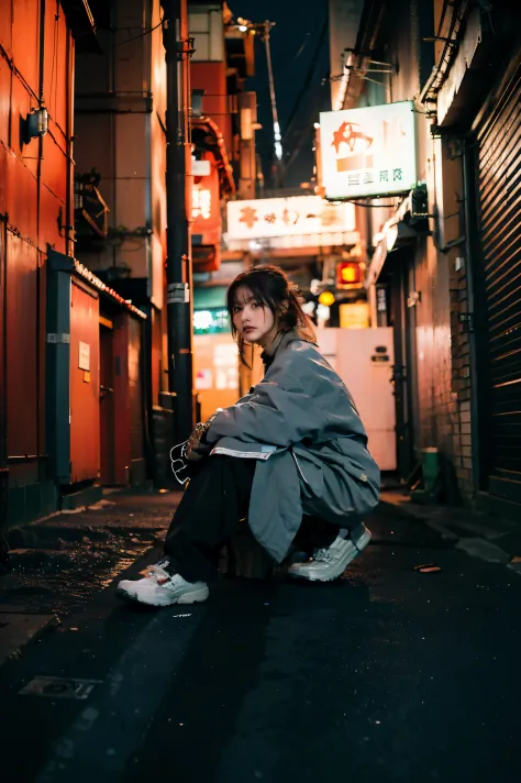 Alafi woman sitting on the ground in a dark alley, photography of a techwear woman, mid shot portrait, japanese streetwear, wear...
