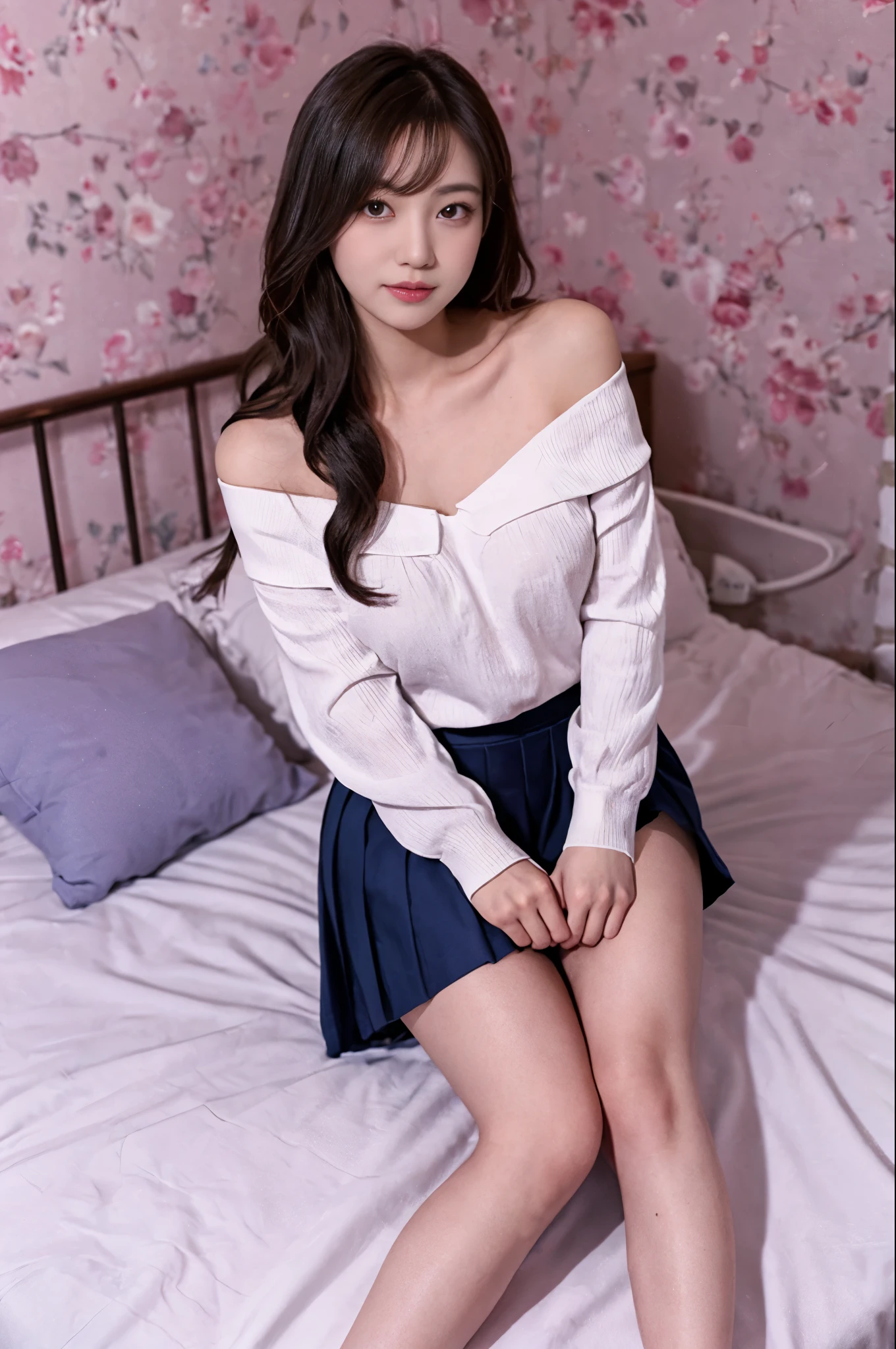 Arafed asian woman in a white shirt and blue skirt sitting on a bed -  SeaArt AI