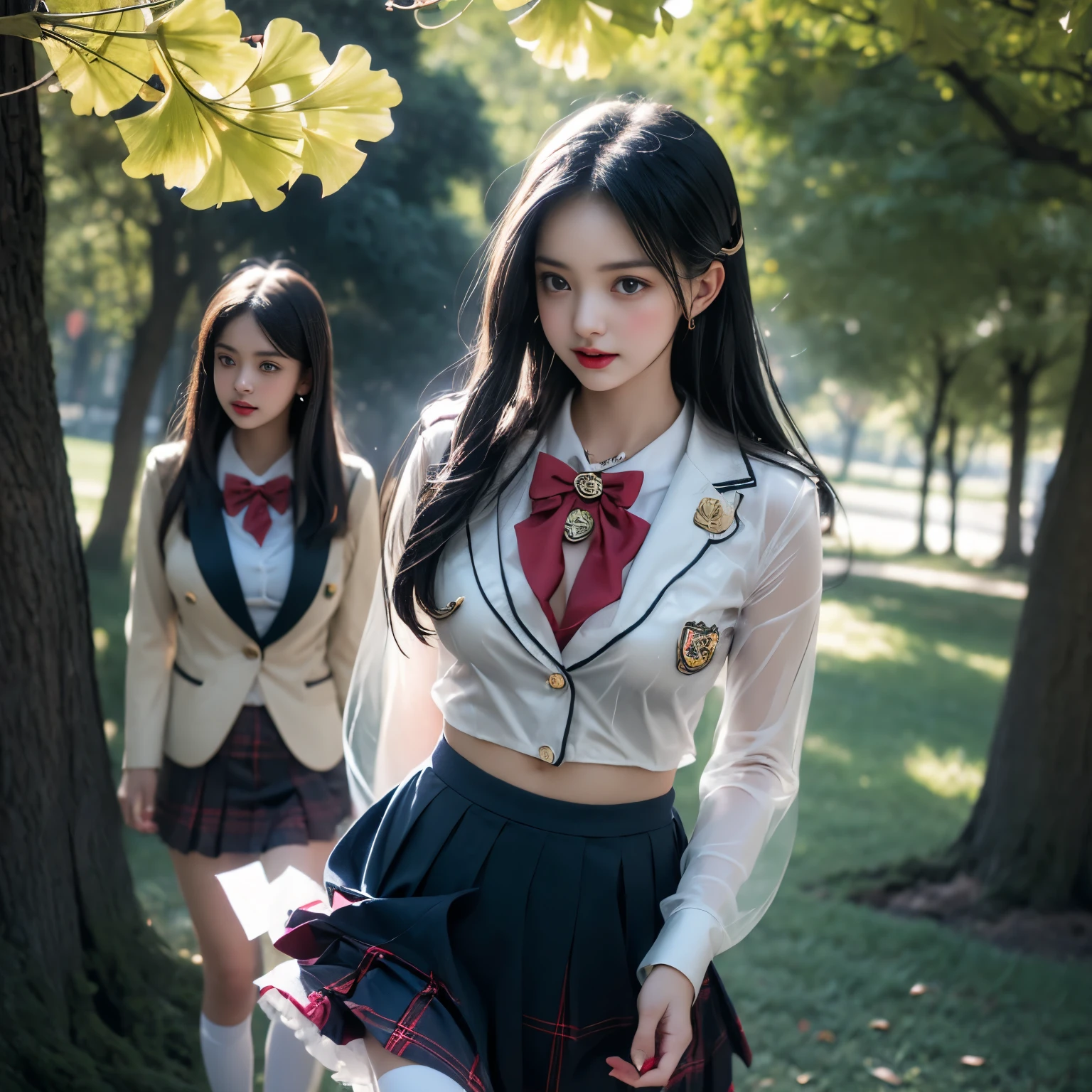 (( Girls walking along the ginkgo trees))，Charming eyes，Heartwarming action，Turn your face away from the camera，stooped，Bend over，turn back，Look up at your head，thick and long black hair，Highly detailed body，Highly detailed face，best qualtiy、(P boobs iNK underwear),(High School Girls),((White Blazer、emblem on breasts))、((Translucent blouse)),((red bowtie)),((navy check flare skirt)),(black stocking loafers