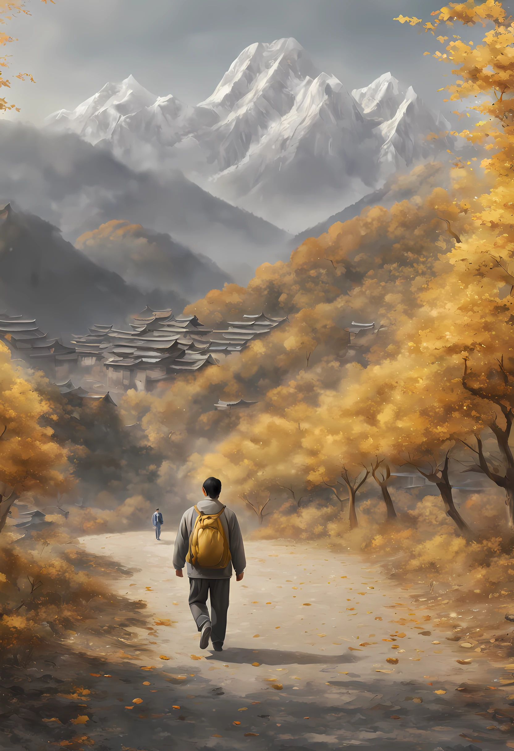 golden autumn，A 45-year-old middle-aged Chinese man，Great figure，Walk firmly on the mountain path，In the distance are high mountain peaks，Wearing gray sportswear，On both sides of the road are golden apple trees，Pretty ripe apples，hentail realism，k hd，high qulity，Sony SLR，Faraway view