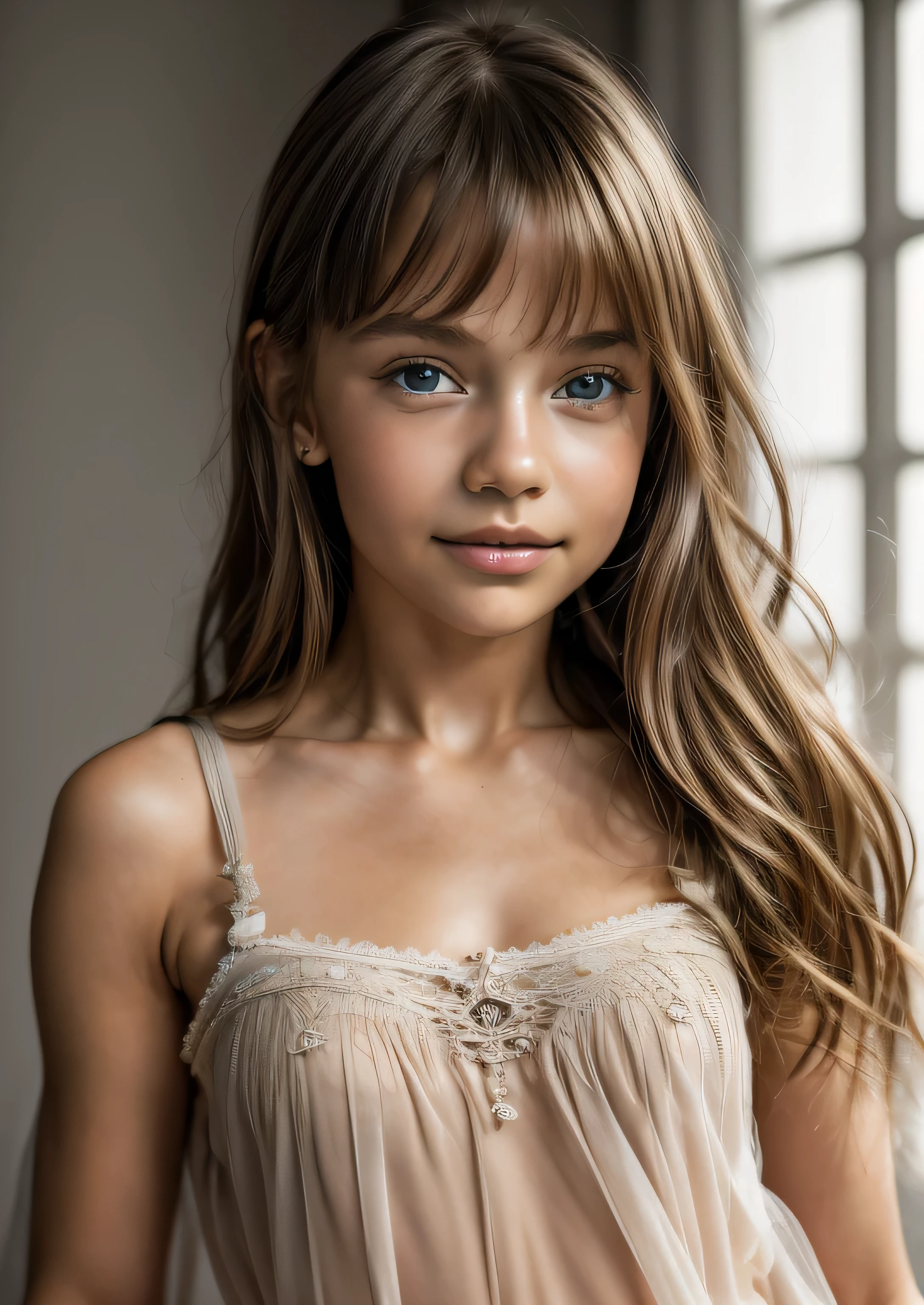 A close up of a young girl in a dress posing for a picture - SeaArt AI