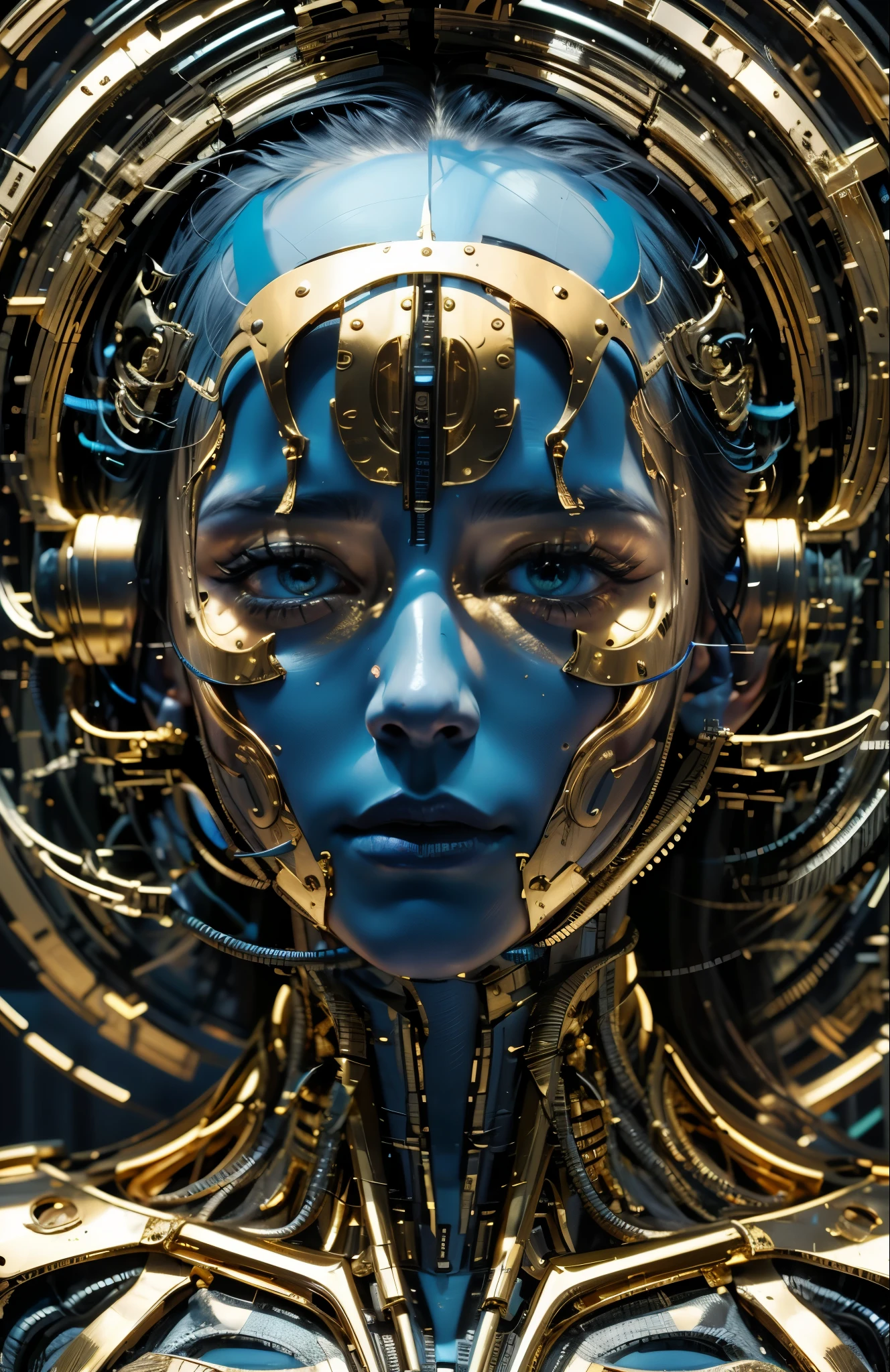 Close-up of beautiful girl with gold and blue mask, Portrait of the Cyborg Queen, Sci-Fi Face Interesting, Woman&#39;s face, cybernetic machine, Beautiful cyberpunk girl face, Portrait of a female man, (Realistic face details), intricate detailed, very high details, photo-hyper-realistic, 8k, UHD, hyperdetailed, (Dynamic Poses:1.4),