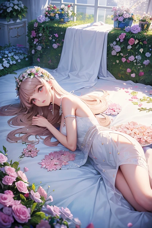 An arafe woman in a white dress lying on a bed of flowers, Larisa Manobal, 🌺 cgsociety, Lalisa Manoban in blackpink, Engaging pose, with frozen flowers around her, with flowers, covered with flowers, Hwang Se - On, beautiful female bodies, Cute elegant pose, Young gravure idols,