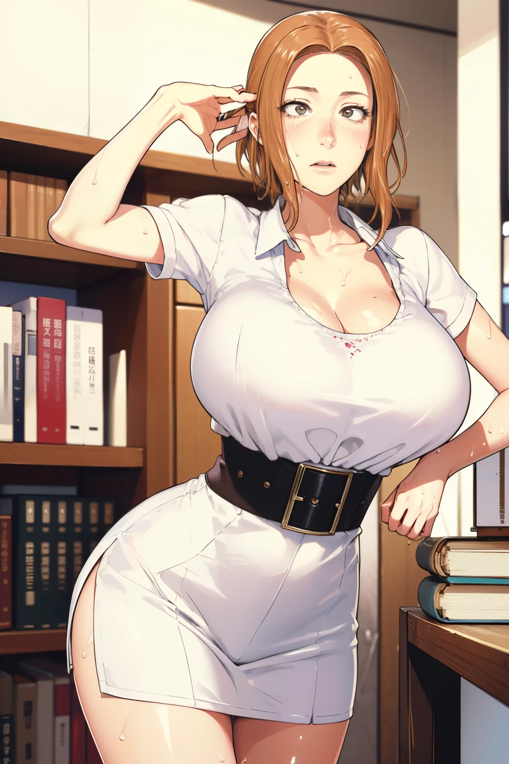 Anime girl in a short dress posing in front of a book shelf - SeaArt AI