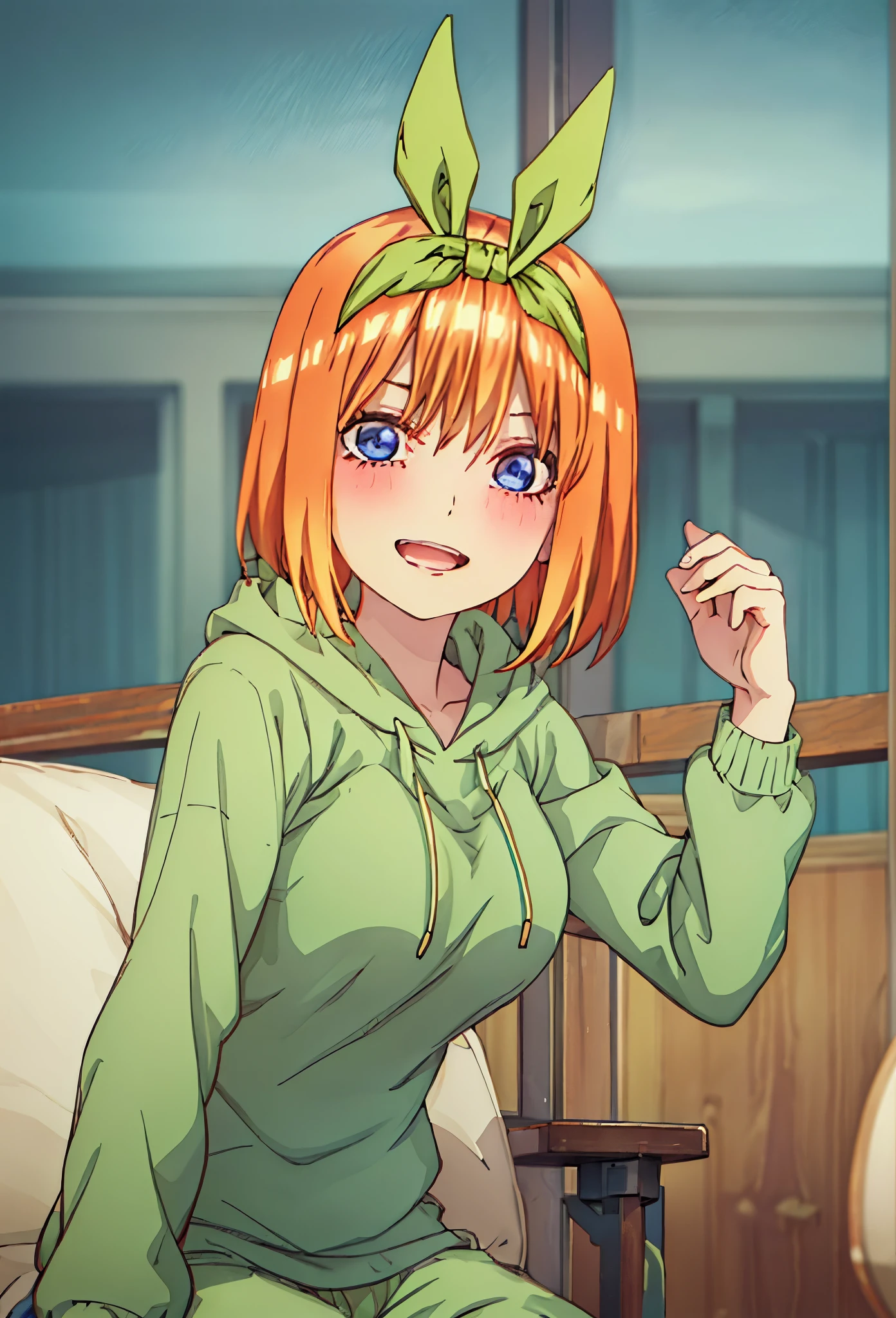 Anime girl in green outfit sitting on a chair with a green bow - SeaArt AI