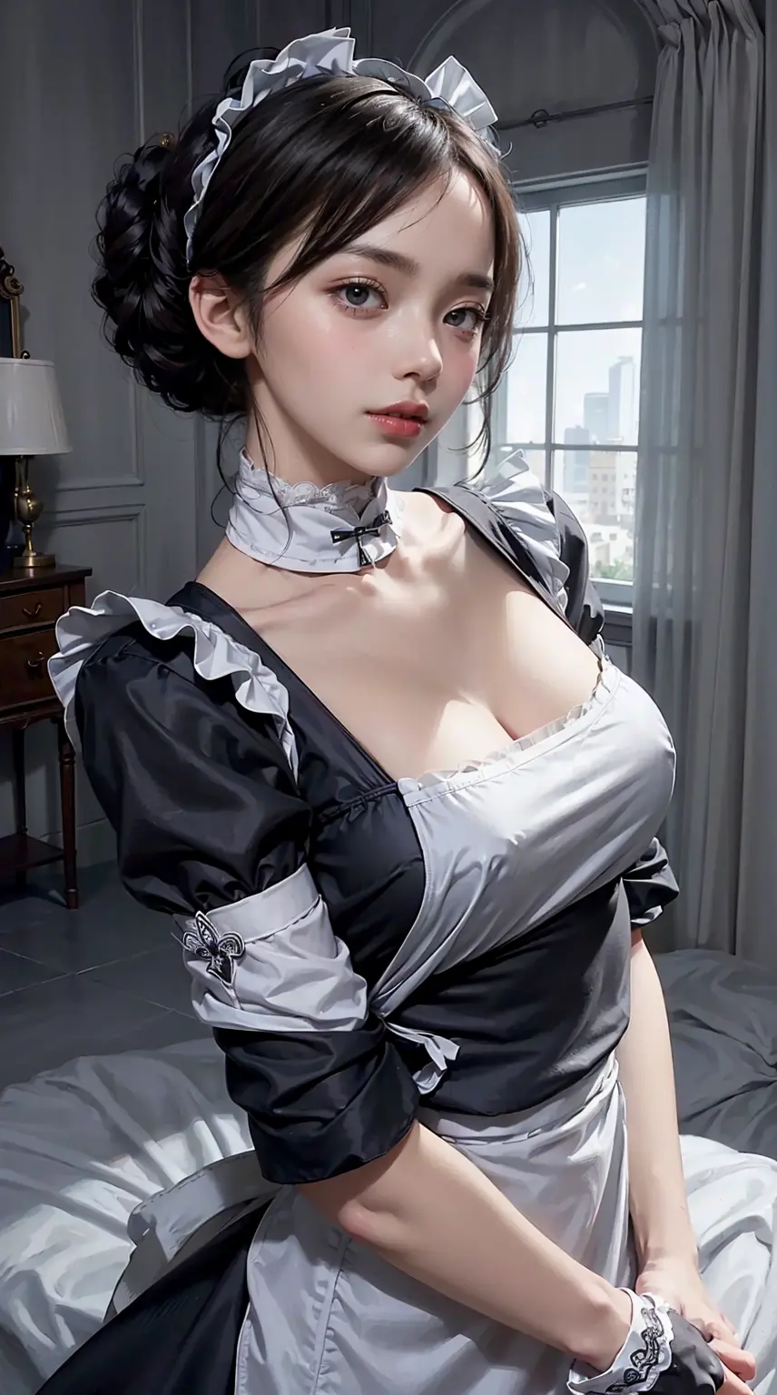 ((Beautiful maid:1.5),high resolucion, Top  Quality),Wearing a maid uniform,Gentle Hands, big bright eyes, Dark and vivid curls,...