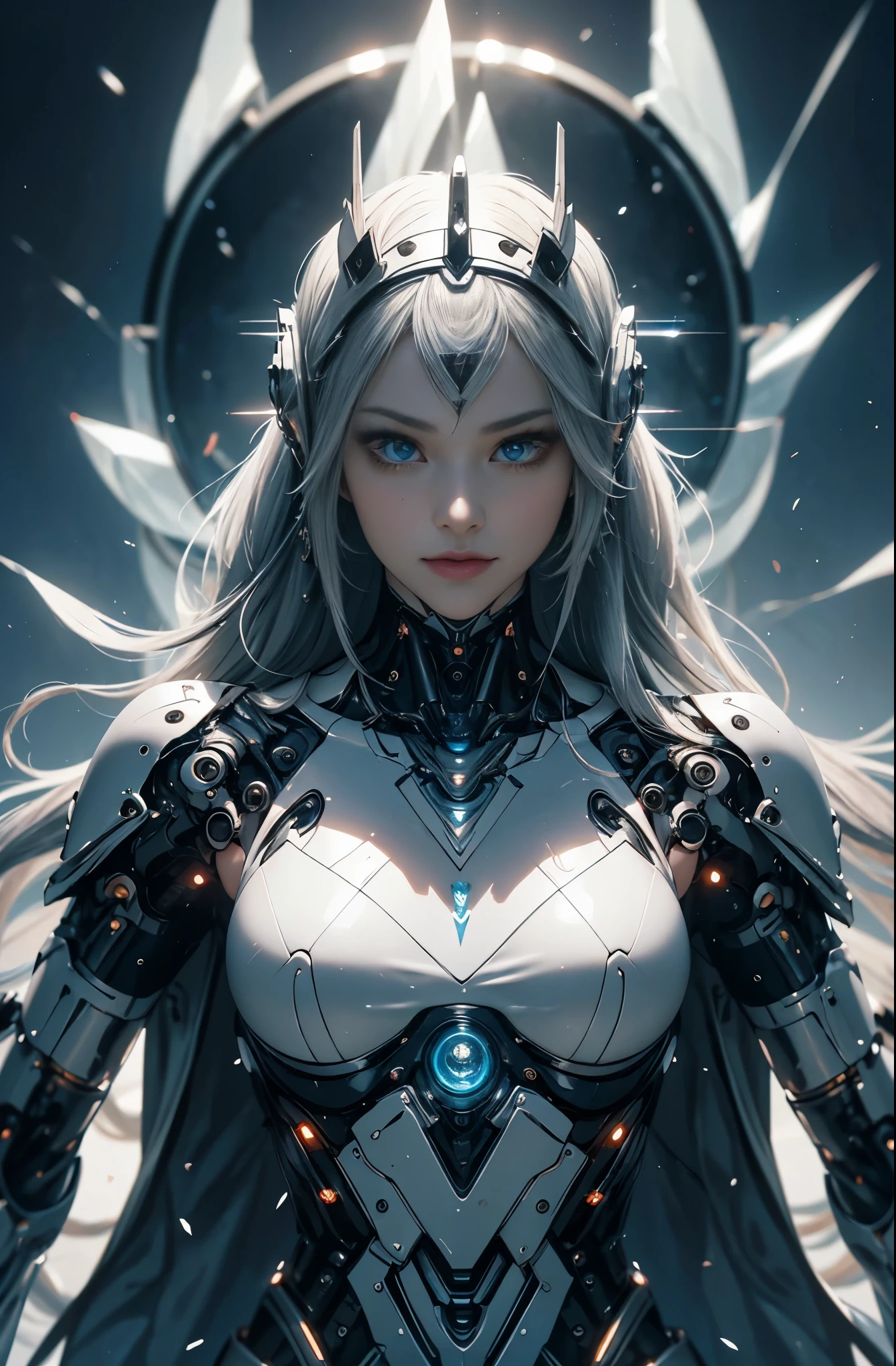 there is a woman in a futuristic suit with a sword, Beautiful Female Cyborg, cyborg womanの子, perfect anime cyborg woman, Cyborg - Girl, Beautiful Caucasian Young Female Cyborg, beautiful cyborg priestess, cyborg woman, beautiful alluring Female Cyborg, cyberpunk robotic elvish queen, Cyborg - Girl with silver hair, beautiful Female Cyborg, beautiful cyborg womanの子, Female Cyborg, Goddess. extremely high detail, portrait of cyborg queen, extremely detailed goddess shot, Half body machine, Inorganic, Next generation high performance cyborg, Goddess of Machines, The perfect cyborg, ultimate replicant, A masterpiece created by ultra-high performance AI, Final weapon, Best Quality, Perfect Angle, perfect-composition, sharp outline, Best Shots, perfect shapes, perfect model style, Very beautiful and detailed eyes, Hollow eyes, blue eyes without pupils