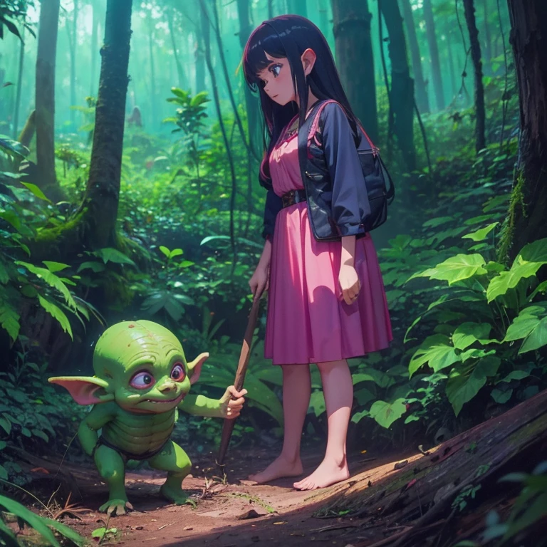 Beautiful female goblin in magical forest with sword and arrow