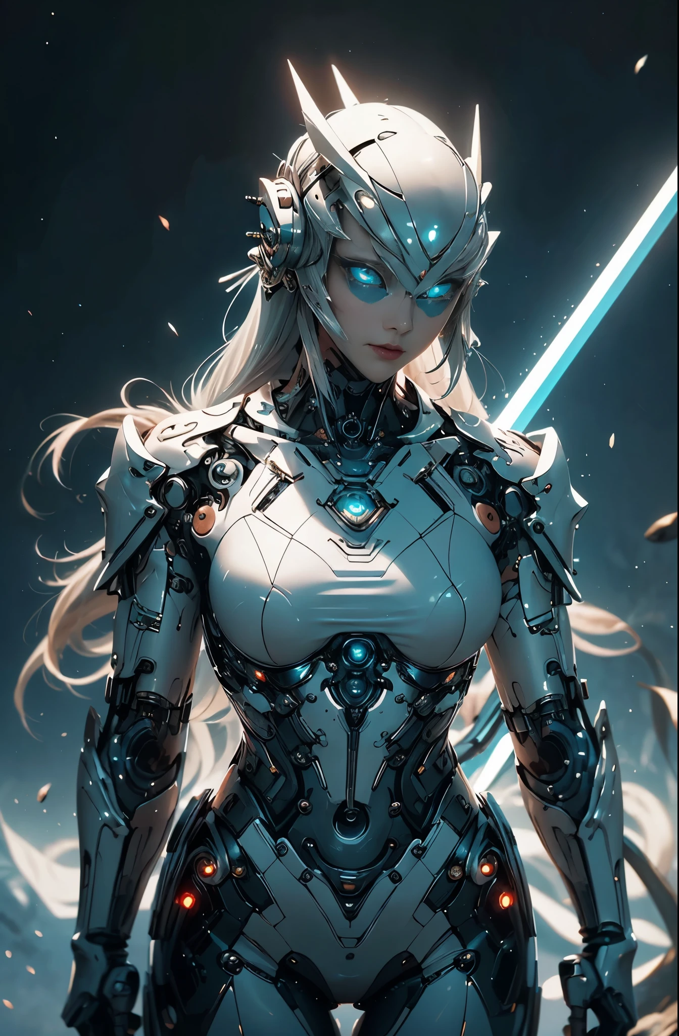 Da ist eine Frau in einem futuristischen Anzug mit einem Schwert, 美少weiblicher Cyborg, Cyborg Womanの子, perfekte Anime-Cyborg-Frau, Cyborg - Girl, 美しい白人の少weiblicher Cyborg, schöne Cyborg-Priesterin, Cyborg Woman, beautiful alluring weiblicher Cyborg, cyberpunk robotic elvish queen, Cyborg - Mädchen mit silbernem Haar, beautiful weiblicher Cyborg, wunderschönes Cyborg-Frau-Kind, weiblicher Cyborg, Göttin. extrem hoher Detailreichtum, Porträt der Cyborg-Königin, extrem detaillierte Göttinnenaufnahme, Halbkörpermaschine, anorganisch, Hochleistungs-Cyborg der nächsten Generation, Göttin of Machines, Der perfekte Cyborg, ultimativer Replikant, Ein Meisterwerk der ultra-leistungsfähigen KI, Letzte Waffe, beste Qualität, perfekter Winkel, perfekte Komposition, scharfe Kontur, Beste Aufnahmen, Perfekte Formen, perfekter Model-Style, sehr schöne und detailreiche Augen, hohle Augen, blaue Augen ohne Pupillen