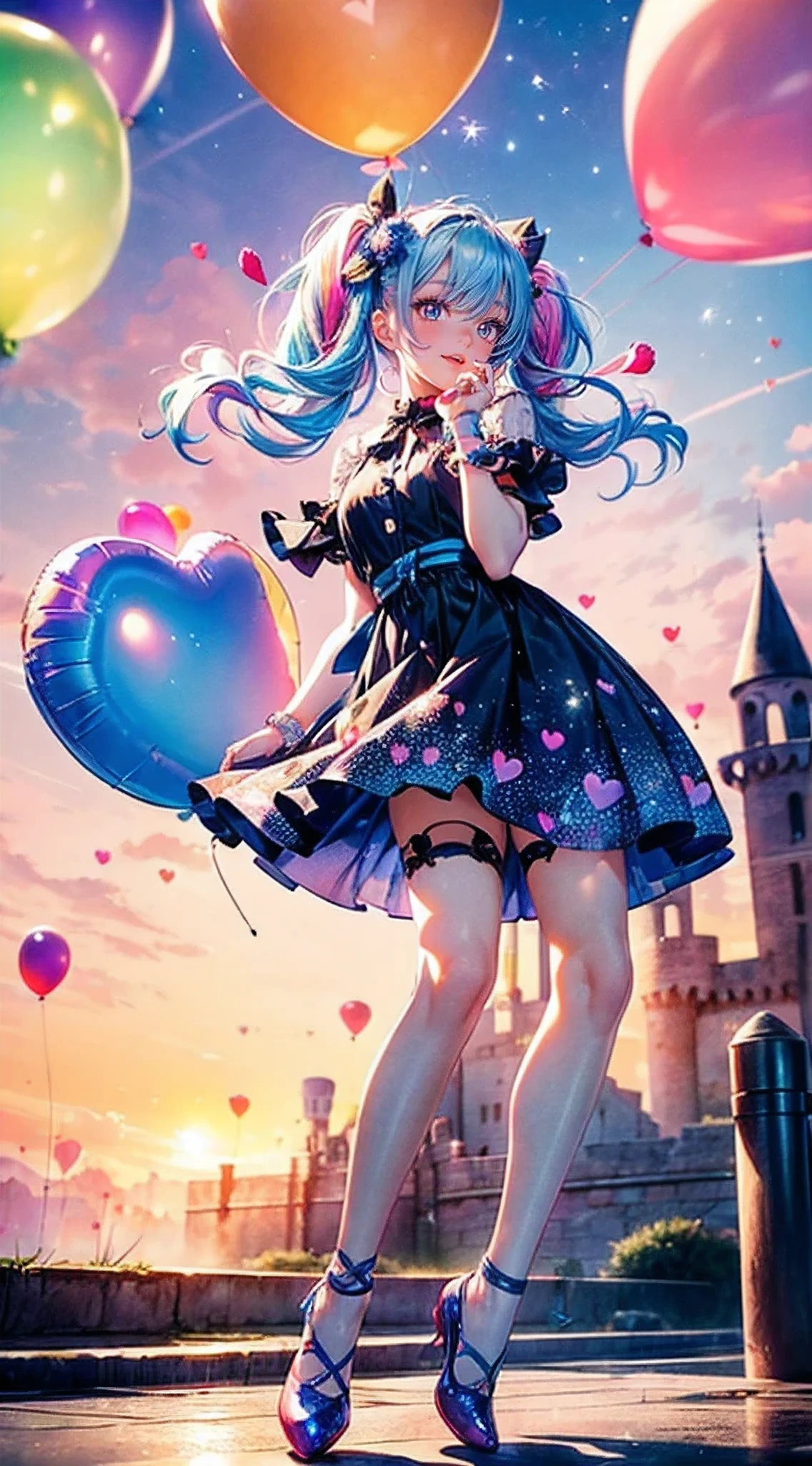 (fullllbody, legs and shoes visible: 1.2)) Expressive eyes, Woman, pale skin, Long hair, wind blown hair, ((absurdly Long hair)), long sidelocks, Princess bangs, Hair fringe, Hair bun, ((very long twintails)), Iridescent hair, Light pink hair, Blushing, full face Blushing, big sparkling Pastel purple eyes, (Gradient Eyes), Smile with open mouth, Cute pose, ((holding balloons : 1.3)) 
((Cute and pastel fashion)) ((🌞🥳😃🌹🌷🌳 theme : 1.4)) Flowing pastel dresses, ((Dreamy multicolored open dresses)), (floating ribbon), Lavender ruffles, Pink ruffles, (Light blue lace), Detached short sleeves, Puffy skirt, ((Rainbow and star printed skirt : 1.3)), Lolita skirt, Purple bow, ((Pom Pom Ribbon Hair Ornament : 1.4)), Multiple bows, Striped Lace Stockings, (Heart-shaped leg garter), Cute (Pastel purple) shoes ((Highly detailed clothes and fashion)) looking at you, Vintage Girl, Blushing, (Beautiful detailed eyes), (the Extremely Detailed CG Unity 8K Wallpapers) (Best Shadow), ((extremely delicate and beautiful)), (Detailed light), ((depth of fields)) Big head, Big sparkling eyes, Moe, Splash Art, Cinematic lighting, Frontal view, volumetric lighting maximalism photo illustration 64k resolution high resolution intricately detailed complex keys visuals precise linear 
((Dreamy pastel sky background, Surrounded by sunset clouds, shooting stars, Castle in the clouds)) ((Ultra-detailed landscapes, Foggy clouds, Hung by balloons, inner strength : 1.3))