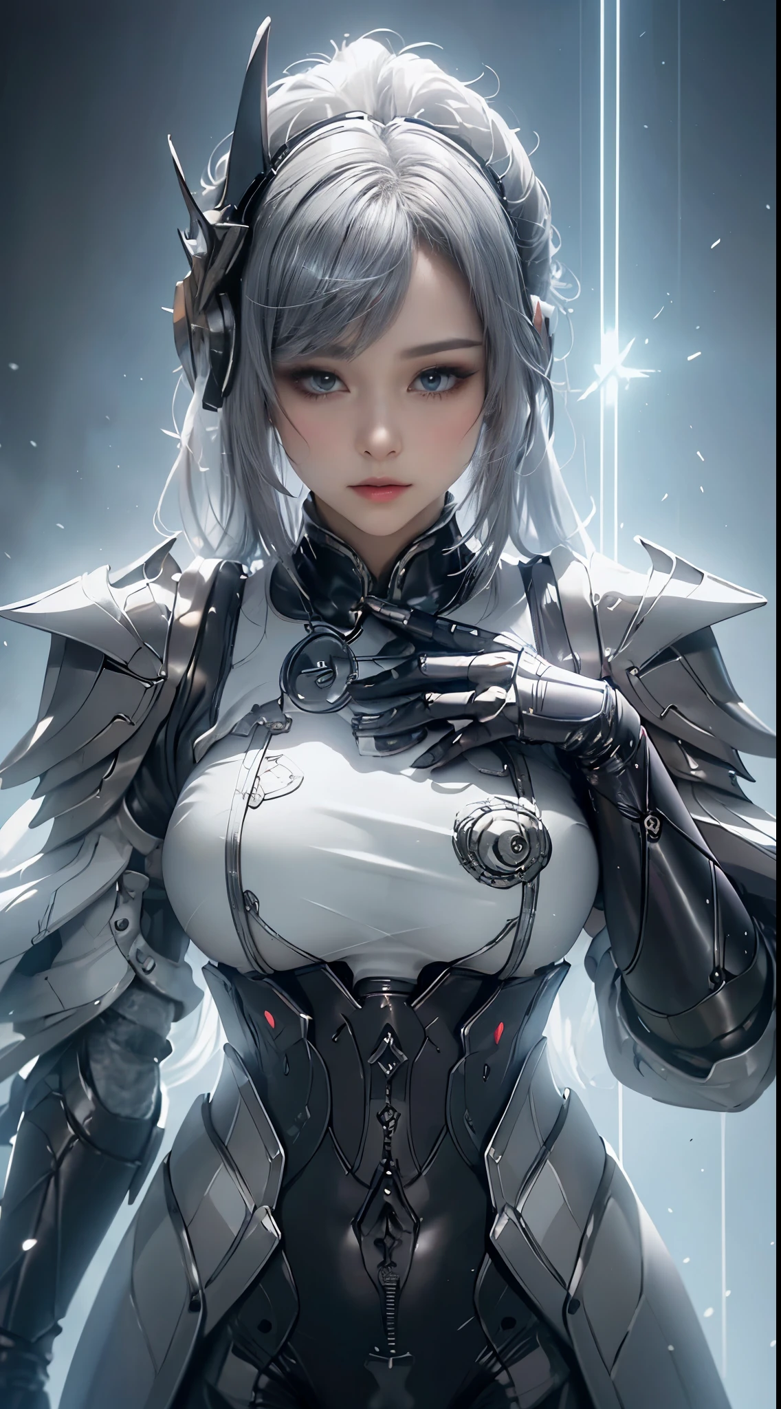 ((unreal enginee 5)), lifelike rendering, excellent, (Full Armor Body), (cloaks), looking in camera, Stand in the studio, Beautiful face, CGI Mix, (Photorealism:1.2), Ultra-realistic UHD face, beautiful body, ((Glowing skin)), ((Shiny skin)), Realistic body, ((She has a )), ((Clean skin)), Photorealistic, Bokeh, Motion Blur, masterpiece, high resolution, 1080p, Super Detail, Textured skin, ((close up to upper body)), ((large breast:1.2)), silver hair, drill hair:0.4