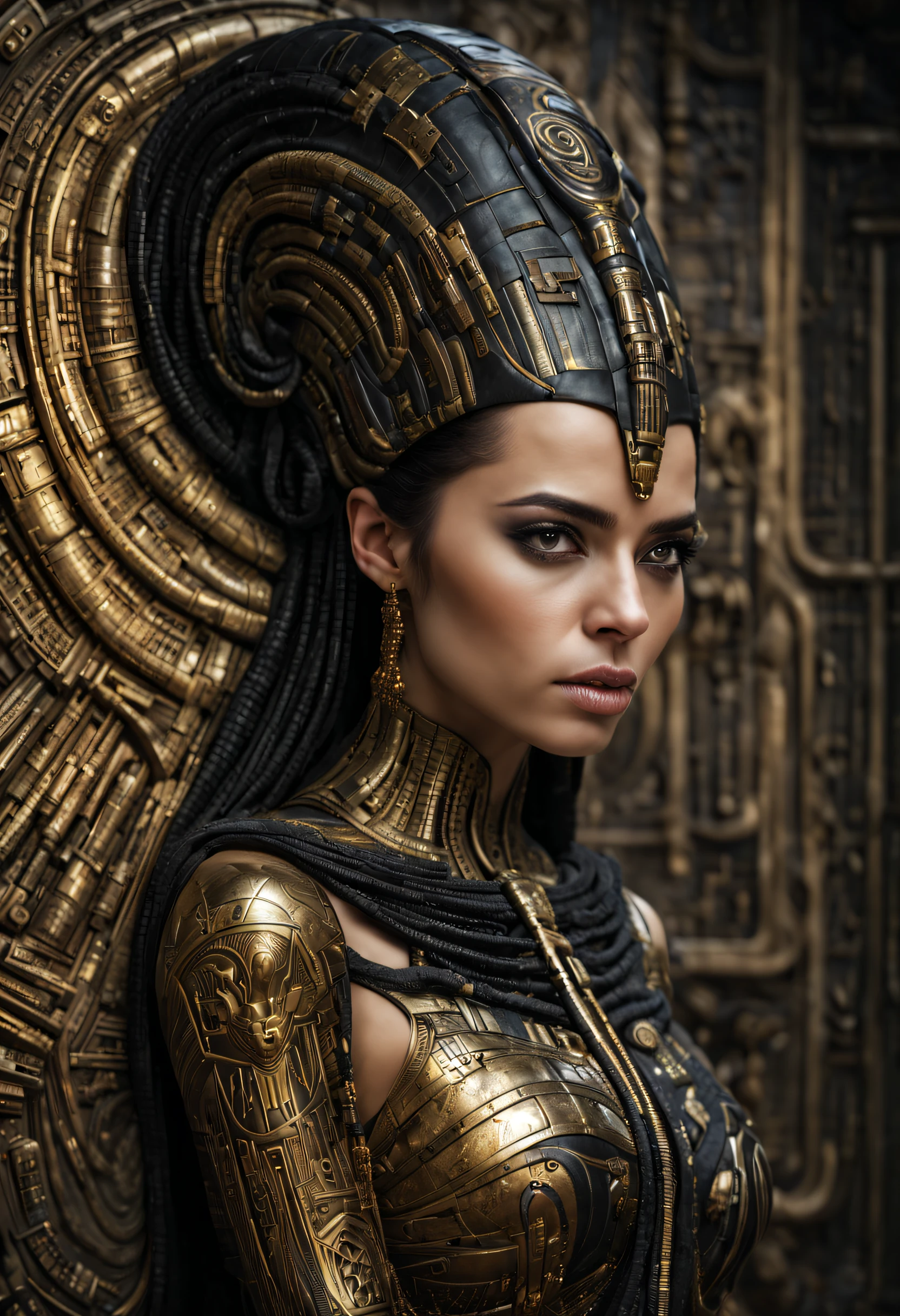 half body portrait of a beautiful girl in a black and gold dress., Egyptian style, Portrait of Sci-Fi Women, Portrait of a man and woman, Beautiful biomechanics, (Realistic face details), h. R. Gigger, intricate detailed, very high details, photo-hyper-realistic, 10, UhD, hyperdetailed, (Dynamic Poses:1.4),