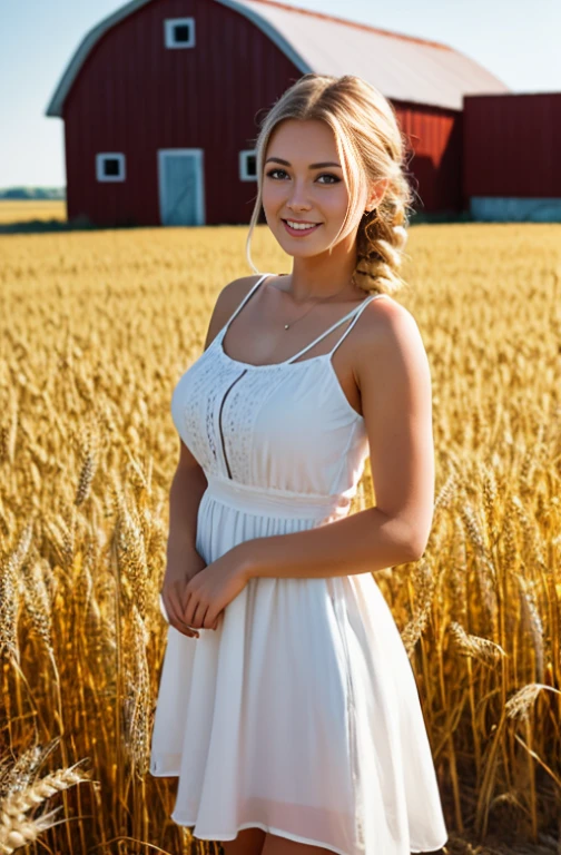 1girl, 20 years old, tall and sexy, very attractive, wearing a cute country dress, hair braided, standing in a rustic farm setting. She has a soft, gentle smile and expressive eyes. Huge breasts, big butt, curvy body.In the background are charming barns, golden wheat fields and clear blue skies. The composition should be bathed in warm golden hour light, with soft depth of field and soft bokeh to accentuate the idyllic tranquility. Capture images as if they were shot on vintage 35mm film for added oomph, filmg,