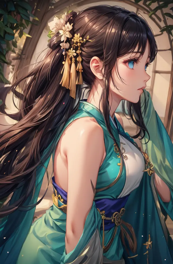 1girl, (shiny skin:1.2), detailed gorgeous and sexy hanfu, detailed colorful hair ornaments, exquisite and delicate eyes, break,...