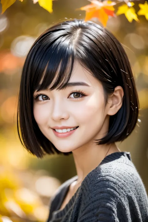 22year old（年轻）、Black Hair Bob、natural and light makeup、Autumn、Smiling expression、、Natural finish、For autumn leaves、Portrait imag...