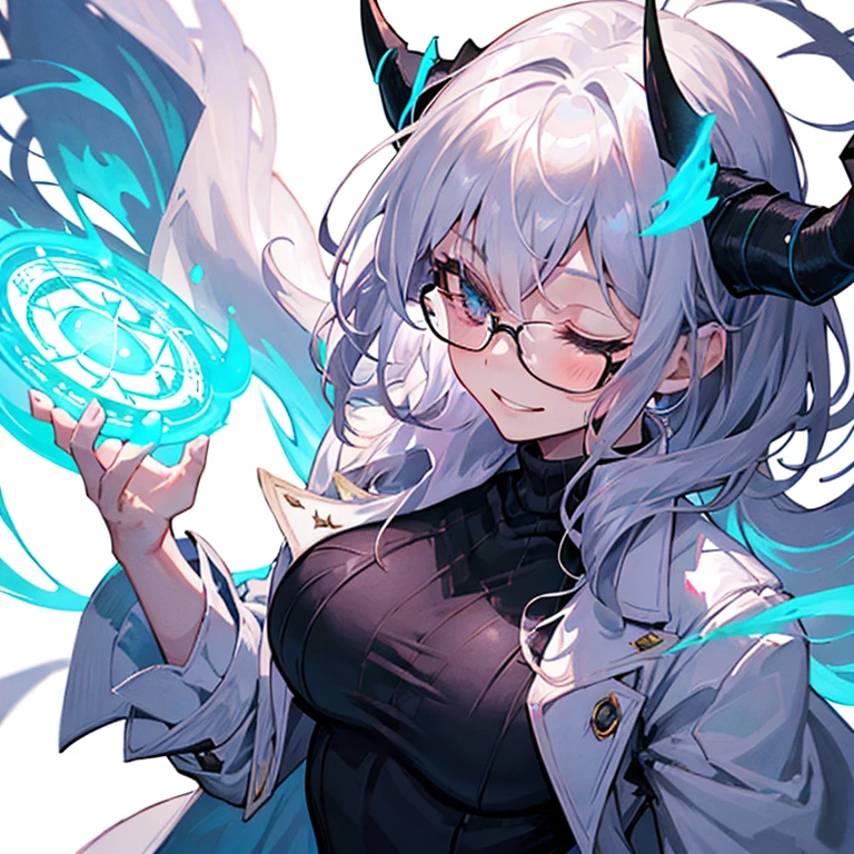 ((((una dama)))),((Dos cuernos negros)),Mujer con gafas y top de cuello alto azul, [[[[sonriendo malvadamente]]]], linda sonrisa ligeramente nerd, (alta calidad), pelo plateado,yandere gapmoe, pelo plateadoの女性, retrato gapmoe yandere grimdark,Erudito en bata blanca,Sorcerer,medio recogido,pelo medio,pelo entre los ojos,pelo ondulado,cuerpo completo,(((38 años))),lanzando un hechizo,Imagen en movimiento,Ojos cerrados,circulos magicos,invocador((((((una dama))))))