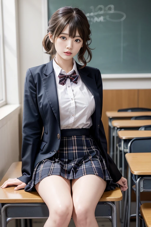 8K分辨率, Ultra-high-definition CG images、Mid summer、Sunlight shines, Long Focus, jk、(stop hair:1.4)、School Uniforms、blazers、Tight uniform、A dark-haired、poneyTail、variation color, Colossal tits、 Detailed beautiful eyes,  depth of fields, absurderes, 24K Graphic Arts,school classrooms、Carefully drawn background,