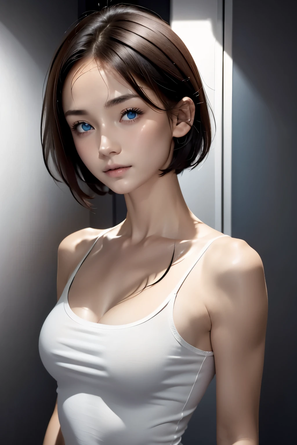 Skin Tight Black Top:1.2, Looking at Viewer, Cinematic lighting, Perfect, softlight, High resolution skin:1.2, Realistic skin texture, 14years、a small face、no-makeup、, off shoulders,Bust B Cup、Small cleavage, Blue eyes, Short hair, dark brown  hair、fullnude、Gray background、