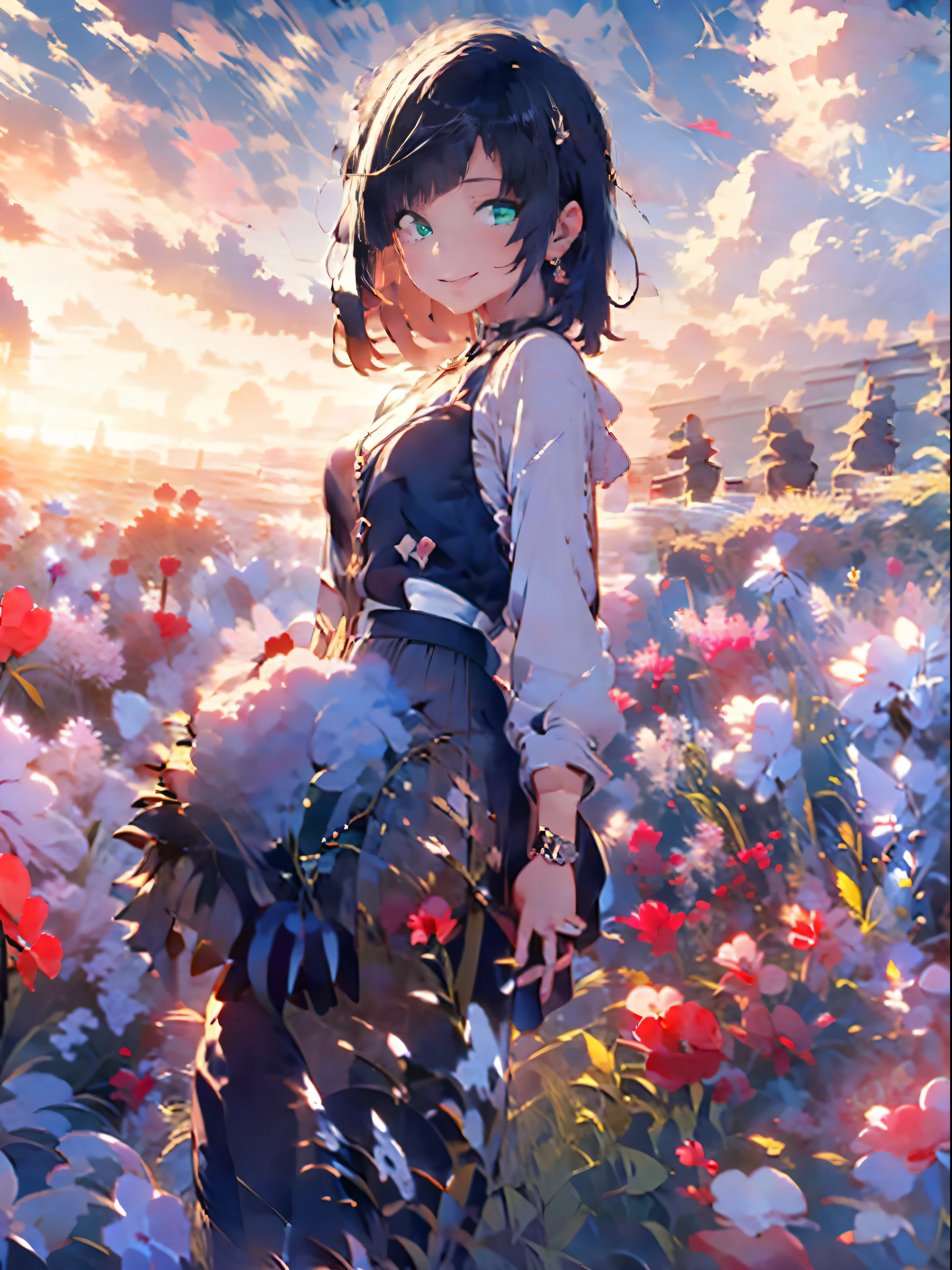 masterpiece, best quality, 1girl, yelan, genshin impact, black hair, dark blue hair, short hair, light emerald-green eyes, tall, smile, eyes close, holding a couple of flower, flower field, sunset, white cloud, gray cloud, bird silhouette at sky