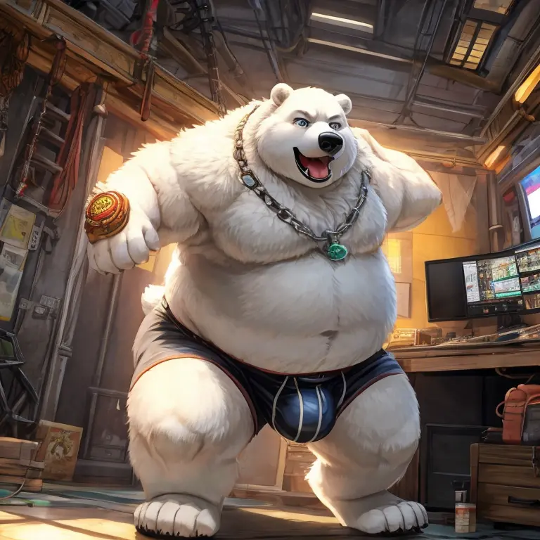 anime, Anthro ultra lighting Kid mega obese ussbhm polar bear in his room observing his huge and obese body, in white children u...