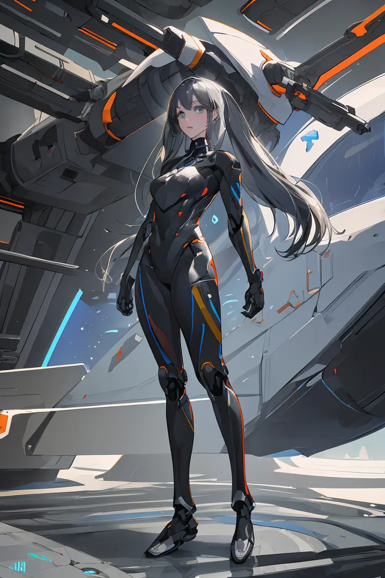 full body, whole body, head to toe, 1 girl in a futuristic and robotic suit, empty background,