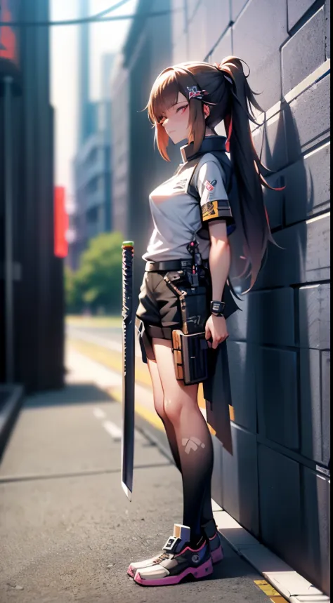 anime character with sword standing in front of graffiti covered wall, from arknights, style anime, anime style, girls frontline...