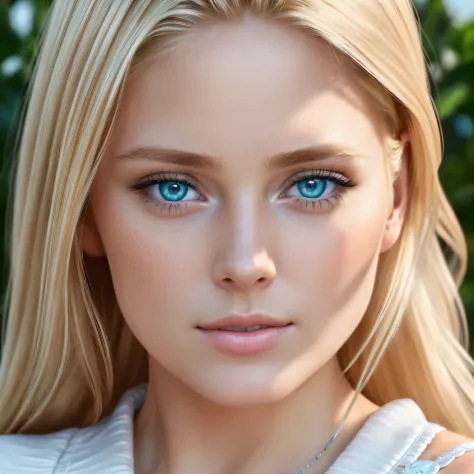 A  girl, волосами blonde woman, 8K, HD, Realistic. Beautiful, Highly detailed face. Realistic, HD, 8K, The dress is white, beaut...