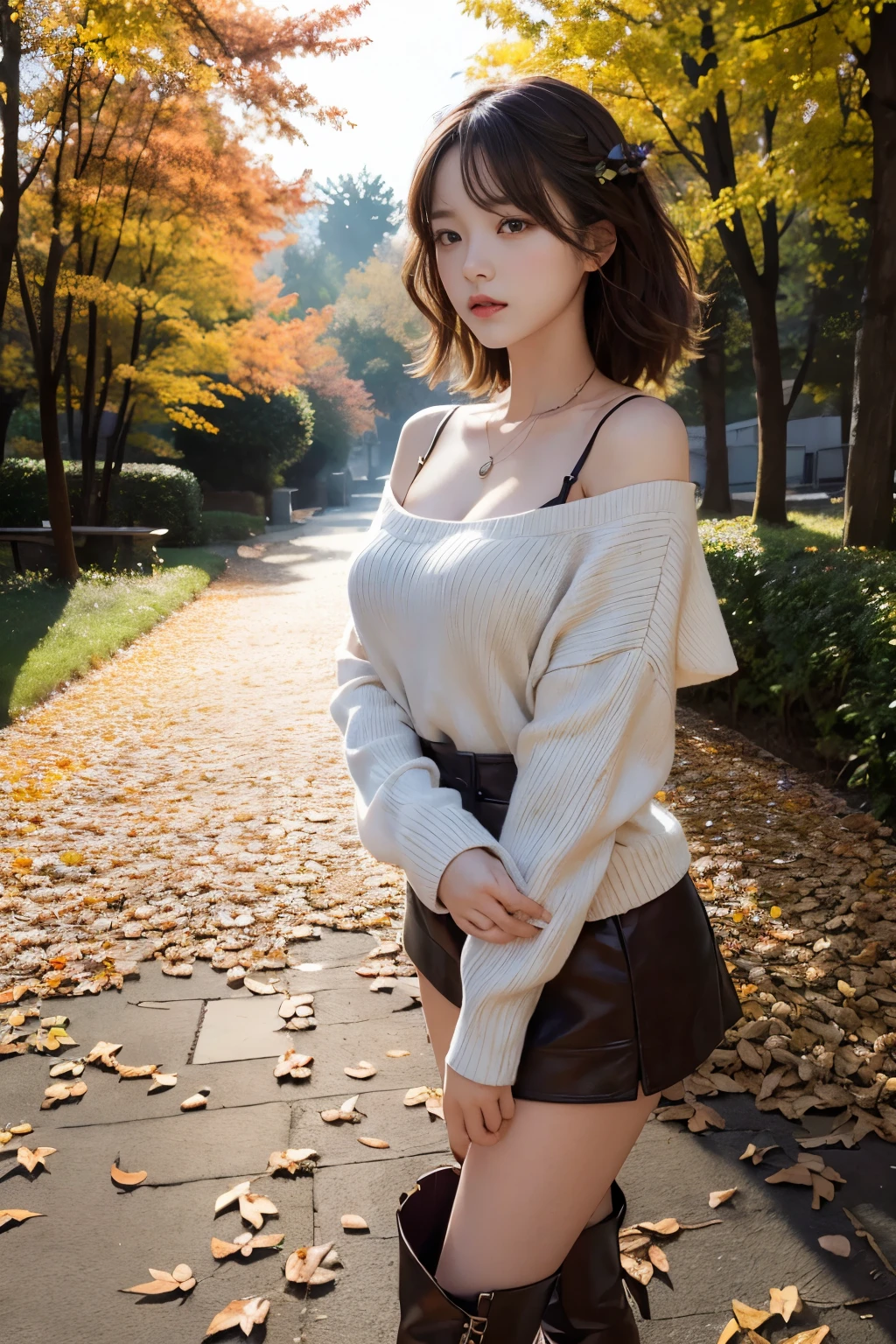 8K分辨率, Ultra-high-definition CG images, Autumn leaves at night🍁, Moonlight, Long Focus, 1girl in, 20yr old, detailed beautiful faceangs braid, bronze:1.4), (stop hair:1.4), (Autumn coordination), a miniskirt, long boots, variation color, Pointed chest, Beautiful chest line, Pendants, Detailed beautiful eyes, bright red autumn leaves, Maple tunnel, depth of fields, absurderes, 24K Graphic Arts, Carefully drawn background, Composition with depth,