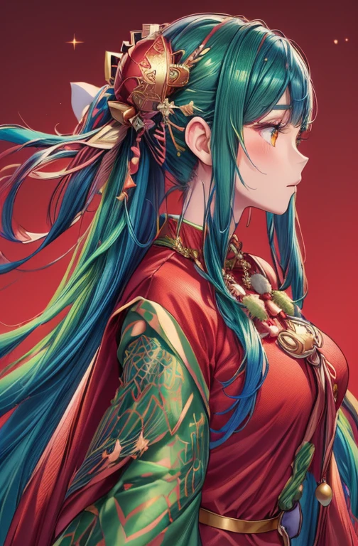 christmas tree background, 1girl, detailed red clothing, detailed Colorful hair ornaments, (shiny skin), hierarchical form, Gradient of color, Soft color palette, vivid color, detailed manga style, (best quality, masterpiece, Representative work, official art, Professional, unity 8k wallpaper:1.3)