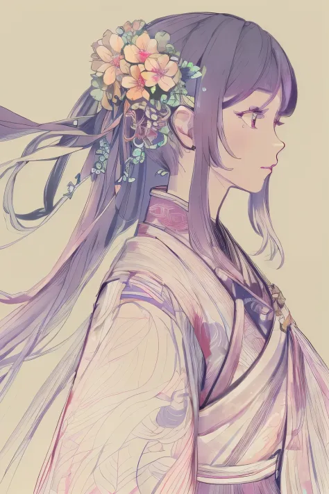 A picture of a woman with long hair，A flower stuck in his hair, 美丽的line art, clean line art, perfect line art, line art behance ...